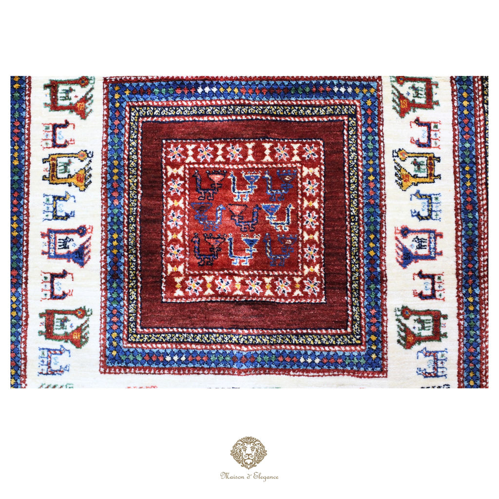 Alfombra Loribaft rojo persa Artesano nómada | Lana Artesanal diseño de animales 102x108 cm