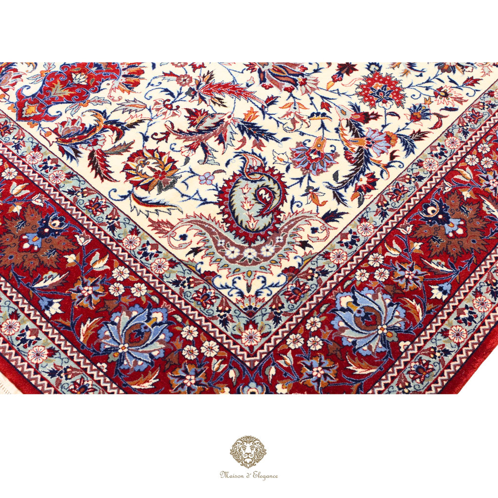Alfombra fina exclusiva de estilo persa, lana y seda anudada a mano con tintes naturales | Diseño clásico de medallón, 200 x 330 cm