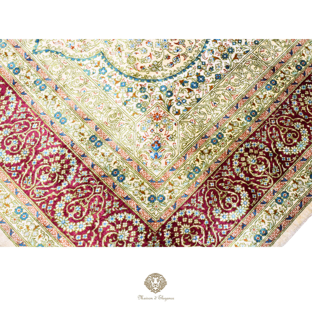 Alfombra persa exclusiva quom de seda pura | Obra maestra anudada a mano con tintes naturales, firmada, 133x196 cm, diseño medalion