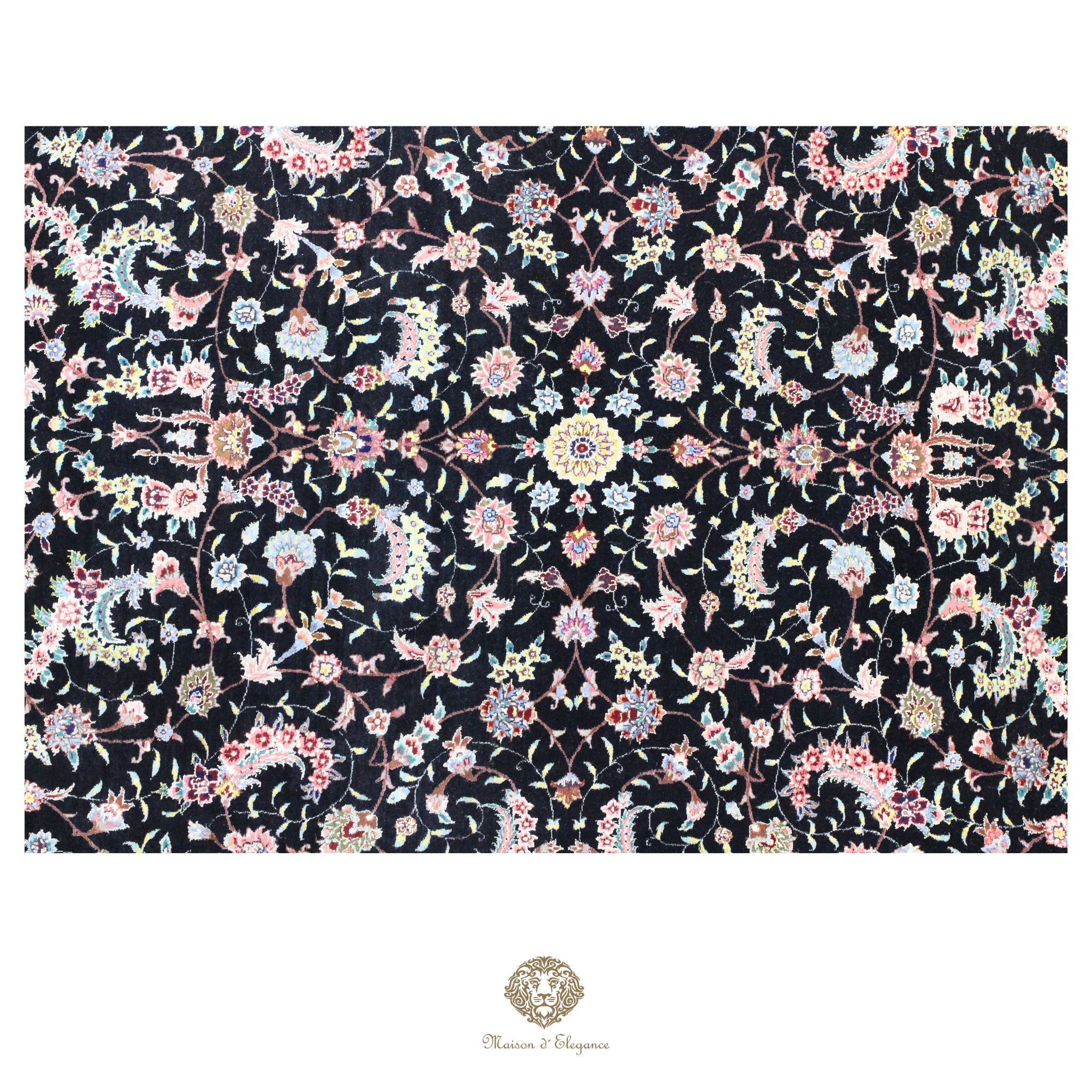 Alfombra de lana estilo Tabriz, superfina color negro marfil con diseño floral | Elegancia 243x330 cm
