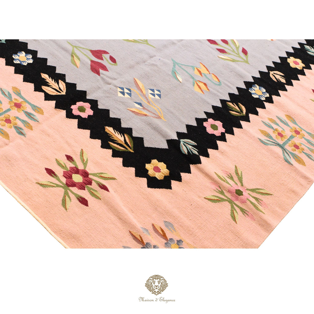 Alfombra Kilim fina, tejido plano, lana color natural | Diseño floral europeo, 281x387 cm