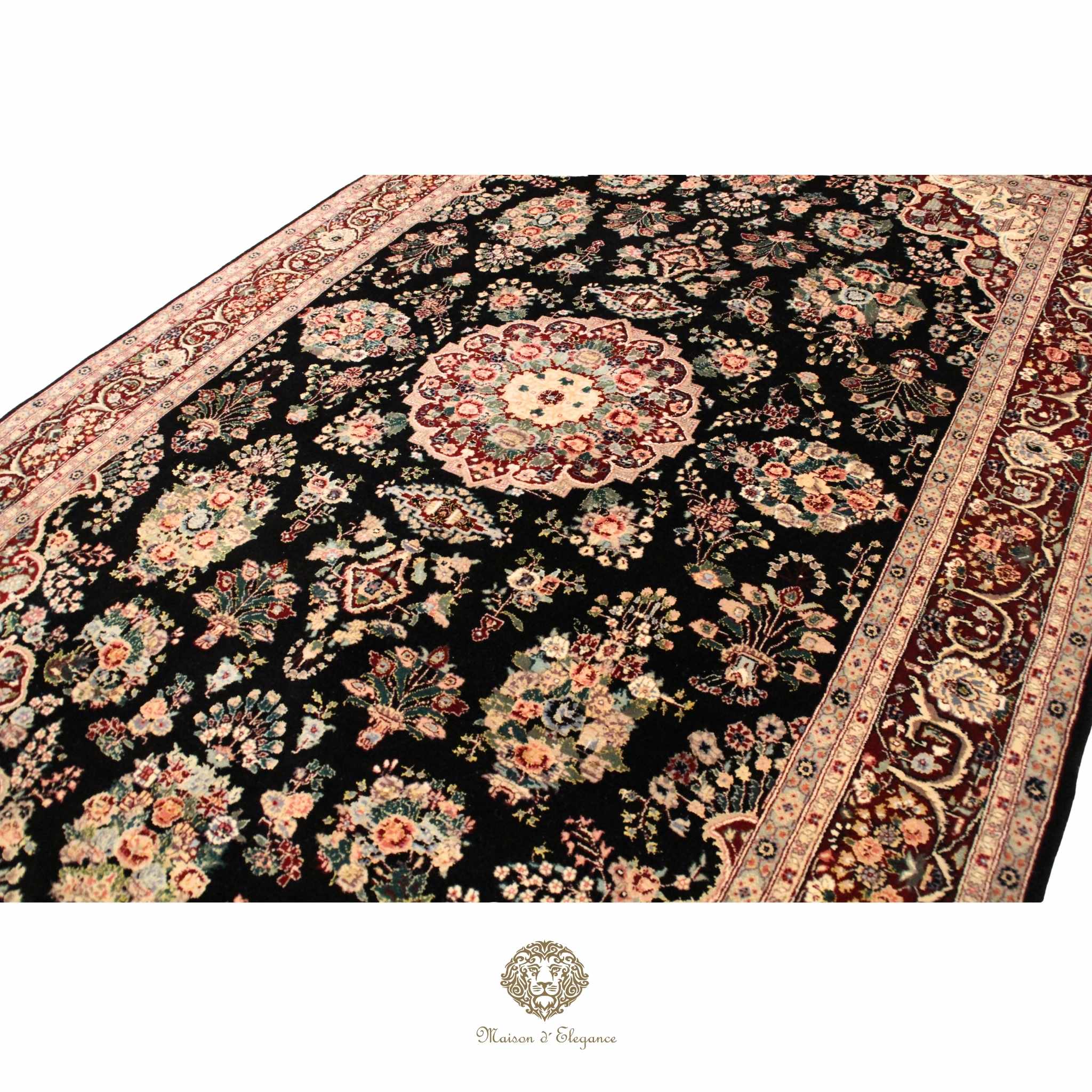 Decorative floral-patterned rug with intricate design on a Brown background