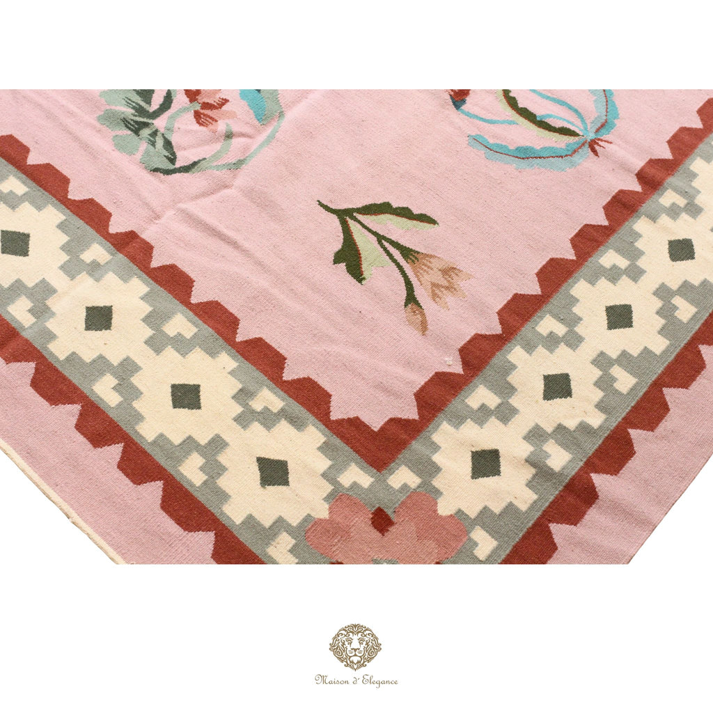Alfombra Kilim fina, tejido plano, lana color natural | Diseño floral europeo, 274x365 cm Rosa