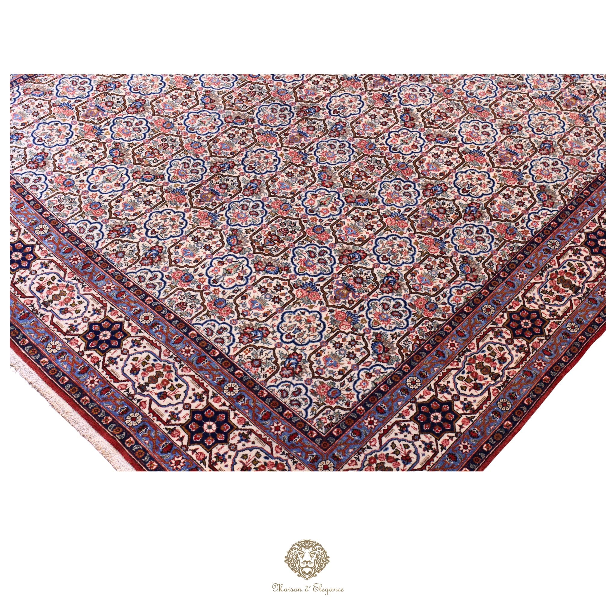 Alfombra persa antigua de lana Qum | Diseño floral integral 218 x 340 cm