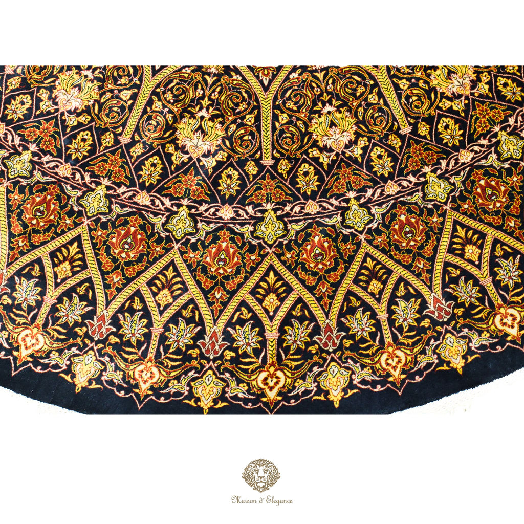 Alfombra persa redonda Qom superfina exclusiva, de seda pura, anudada a mano, teñida con tintes naturales, obra maestra de alta gama, firmada, 209 x 210 cm de diámetro.