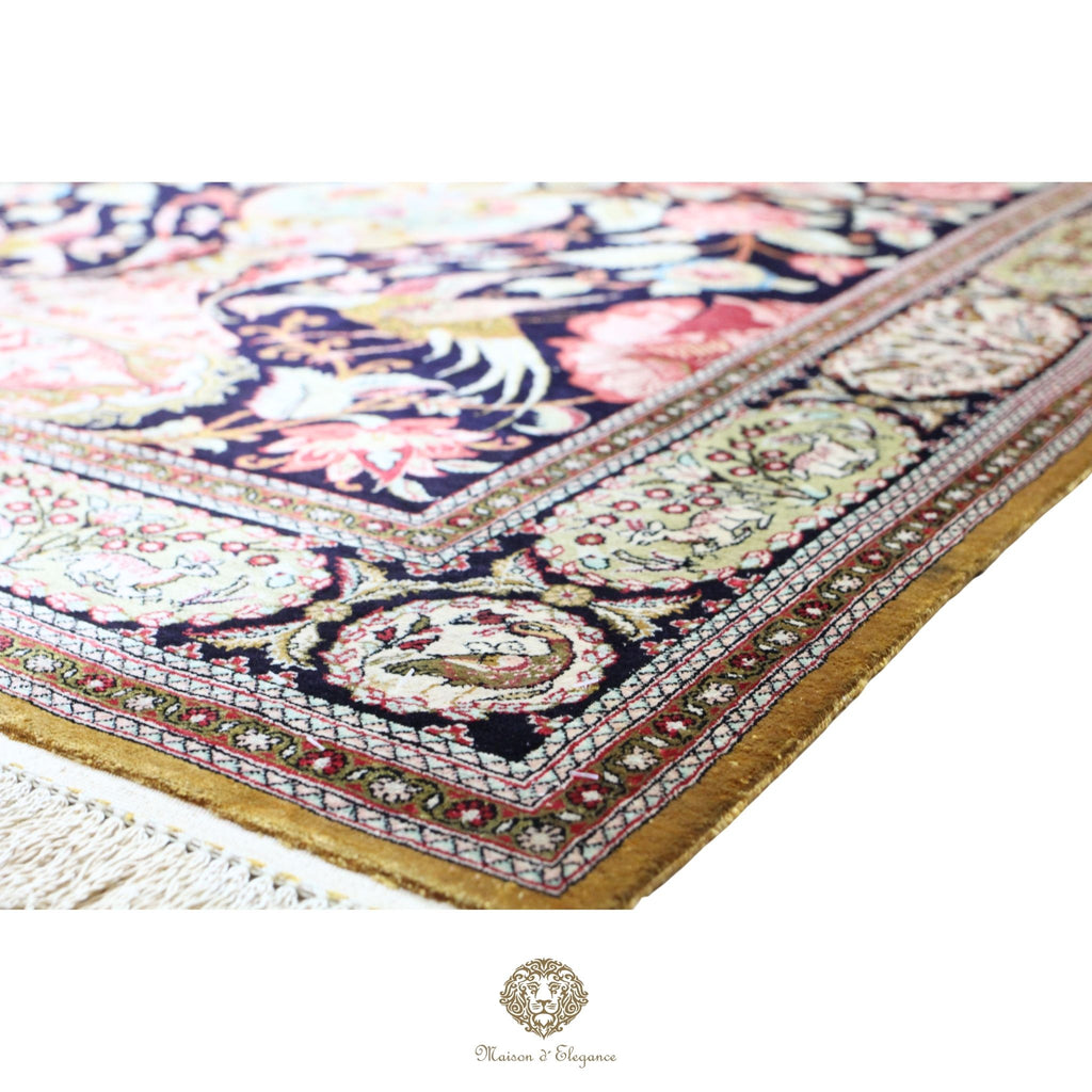 Alfombra persa exclusiva de seda pura - Obra maestra anudada a mano con tintes naturales, firmada, 105 x 157 cm, diseño de oración floral