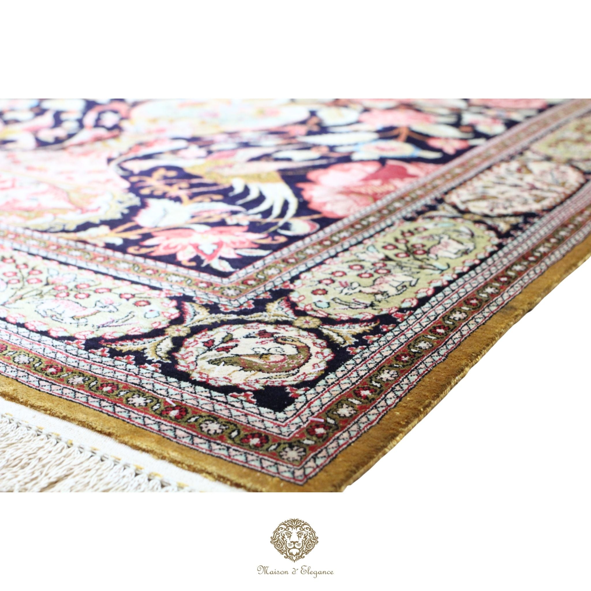 Alfombra persa exclusiva de seda pura - Obra maestra anudada a mano con tintes naturales, firmada, 105 x 157 cm, diseño de oración floral