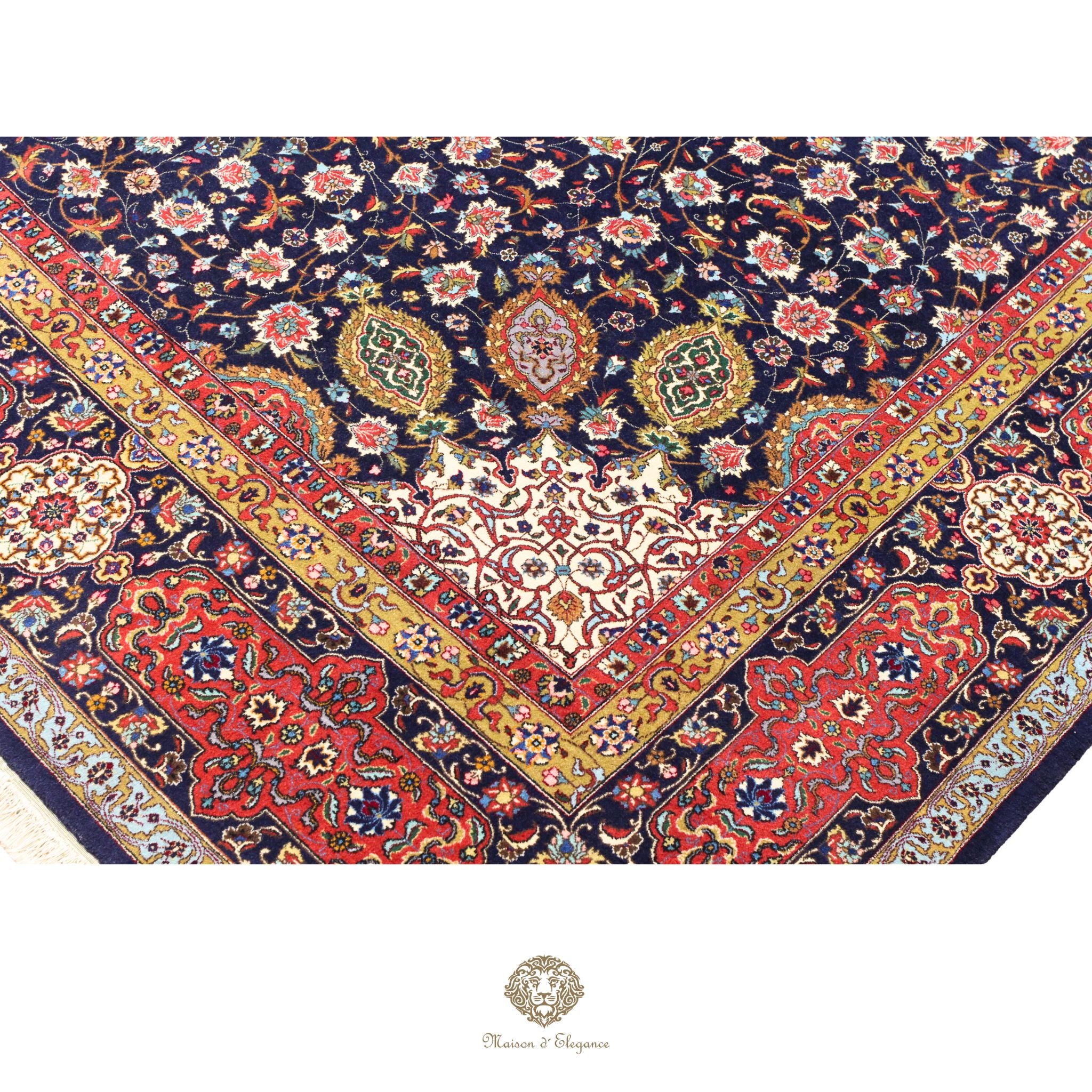 Alfombra persa de lujo Tabriz, anudada a mano, de seda y lana finas | Diseño de medallón floral azul marino, 296 x 427 cm