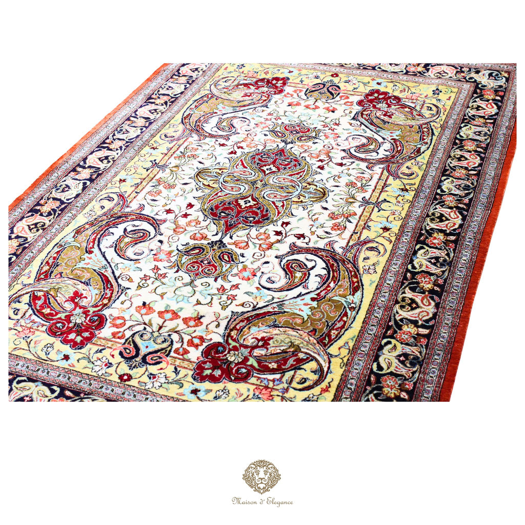 Alfombra persa exclusiva de seda pura, anudada a mano, teñida de forma natural, obra maestra de alta gama, firmada, 98 x 153 cm