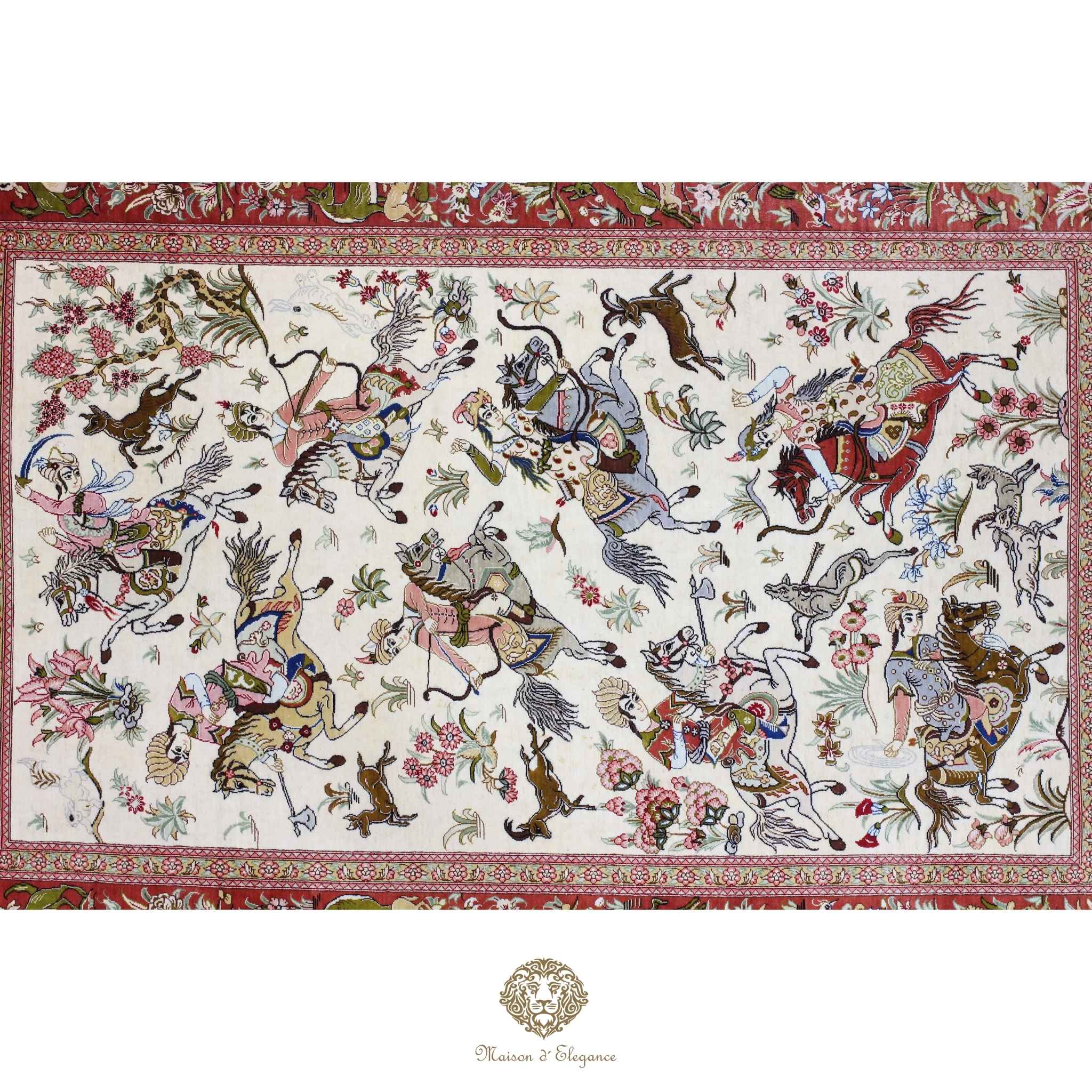 Alfombra persa exclusiva de seda pura - Obra maestra anudada a mano con tintes naturales, firmada, 98 x 156 cm, diseño de caza.