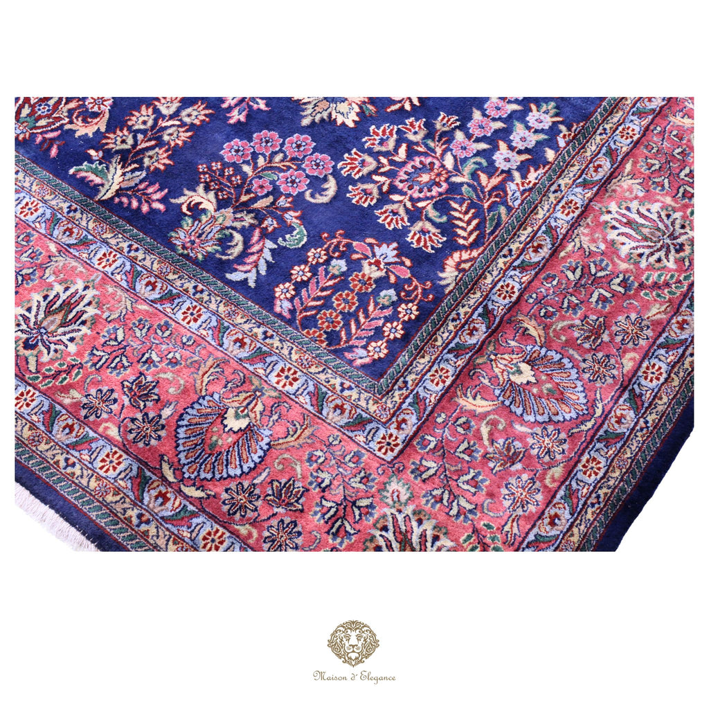 Alfombra de lana estilo KSarough de la India | Alfombra oriental con diseño floral integral en tonos azul marino 238 x 302 cm