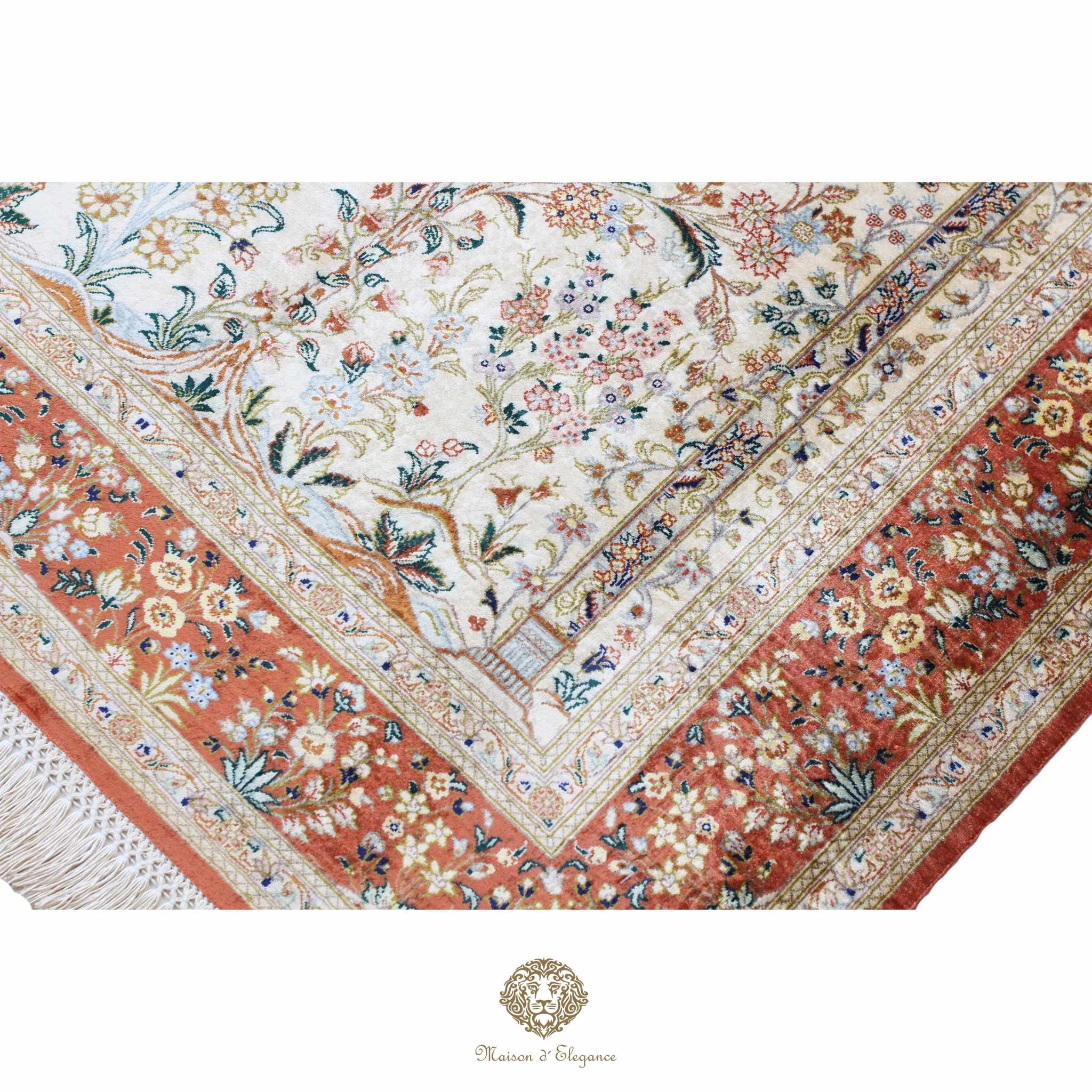 Alfombra persa exclusiva de seda pura - Obra maestra anudada a mano con tintes naturales, firmada, 101 x 155 cm, diseño de oración floral