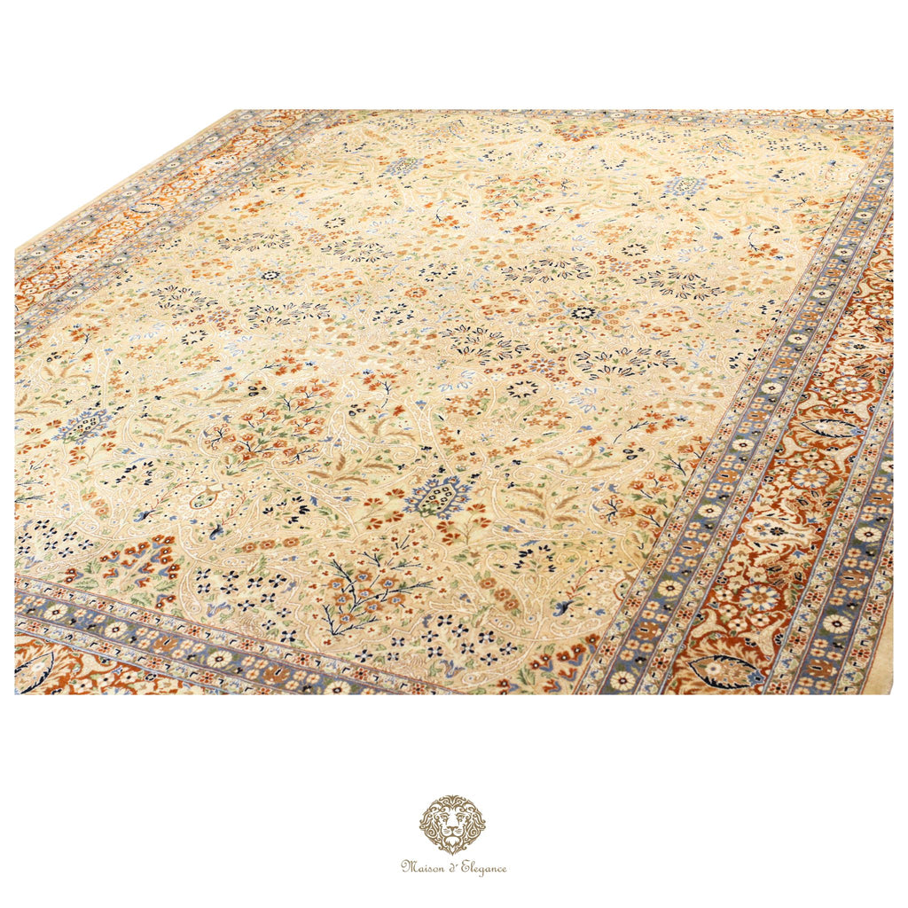 Alfombra de lana estilo Tabriz, superfina color verde marfil con diseño floral | Elegancia 250x317 cm