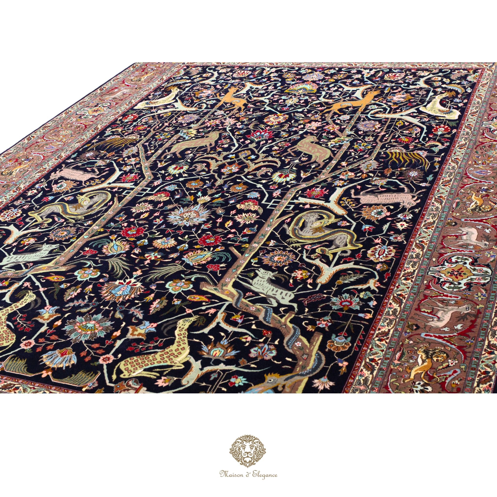 Decorative rug with intricate patterns and colors on a white background