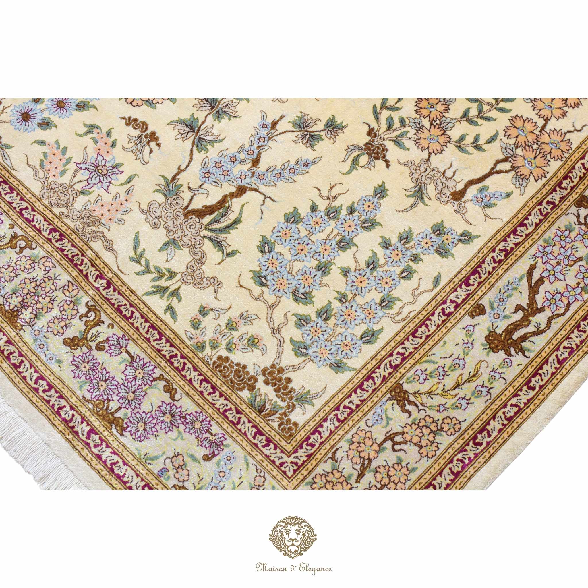 Alfombra persa de seda pura, anudada a mano, teñida con tintes naturales, | obra maestra con diseño floral integral, firmada, 101 x 152 cm