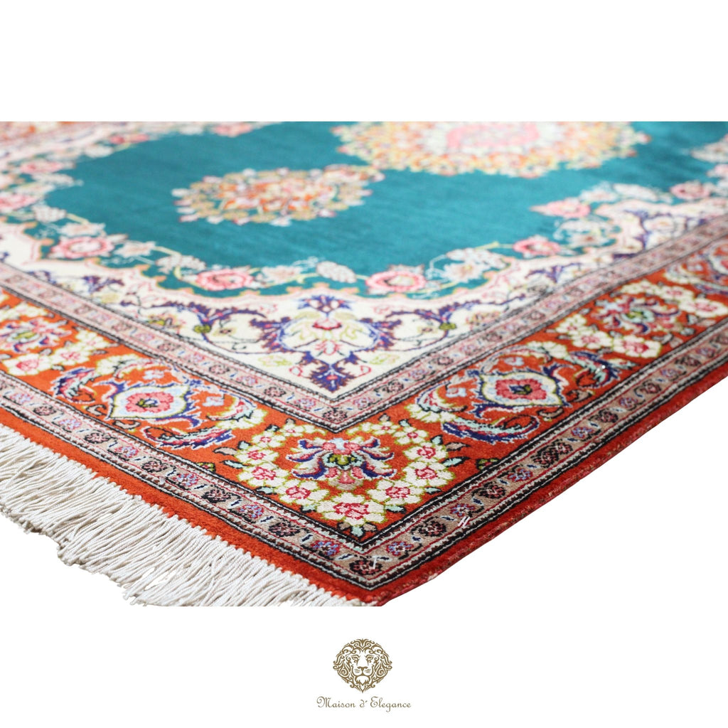Alfombra persa exclusiva de seda pura, anudada a mano, teñida de forma natural, obra maestra de alta gama, firmada, 157 x 98 cm Turquesa