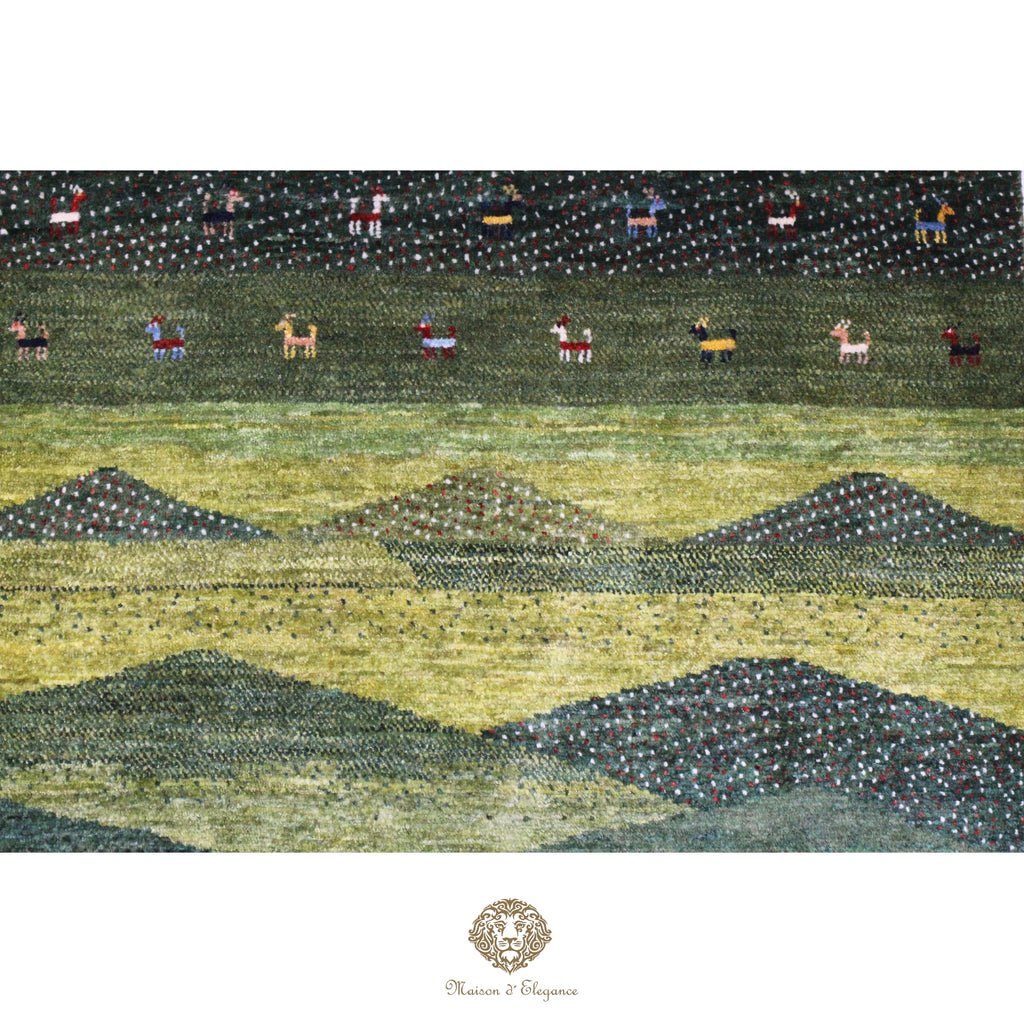 Textile art piece with geometric patterns and small figures on a green background