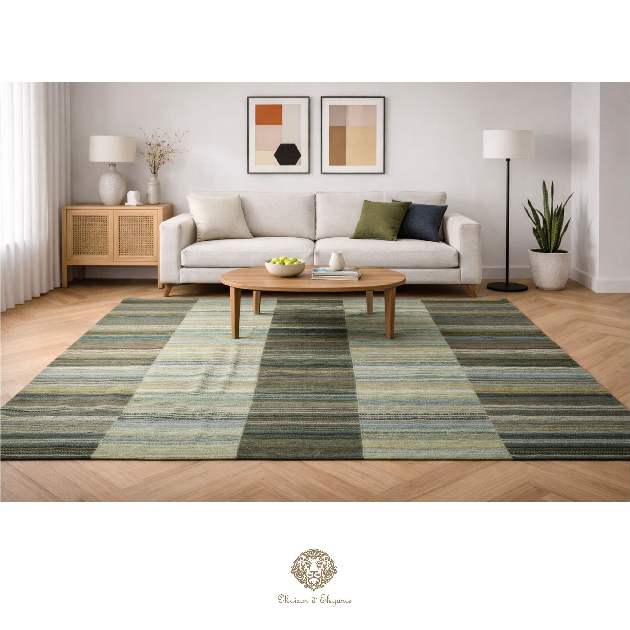 Living room with a striped rug, sofa, and coffee table.