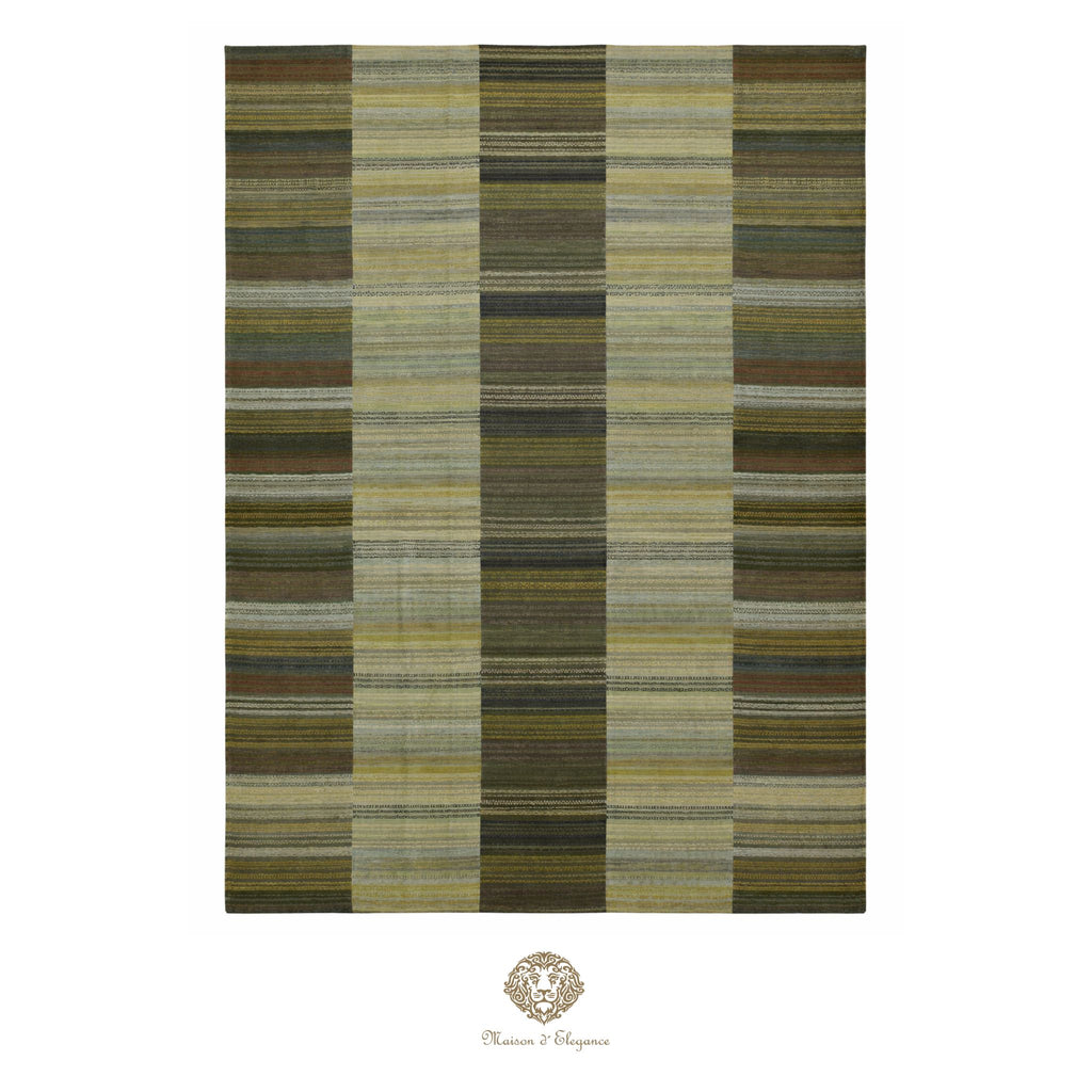 Striped area rug with brown and green colors on a white background