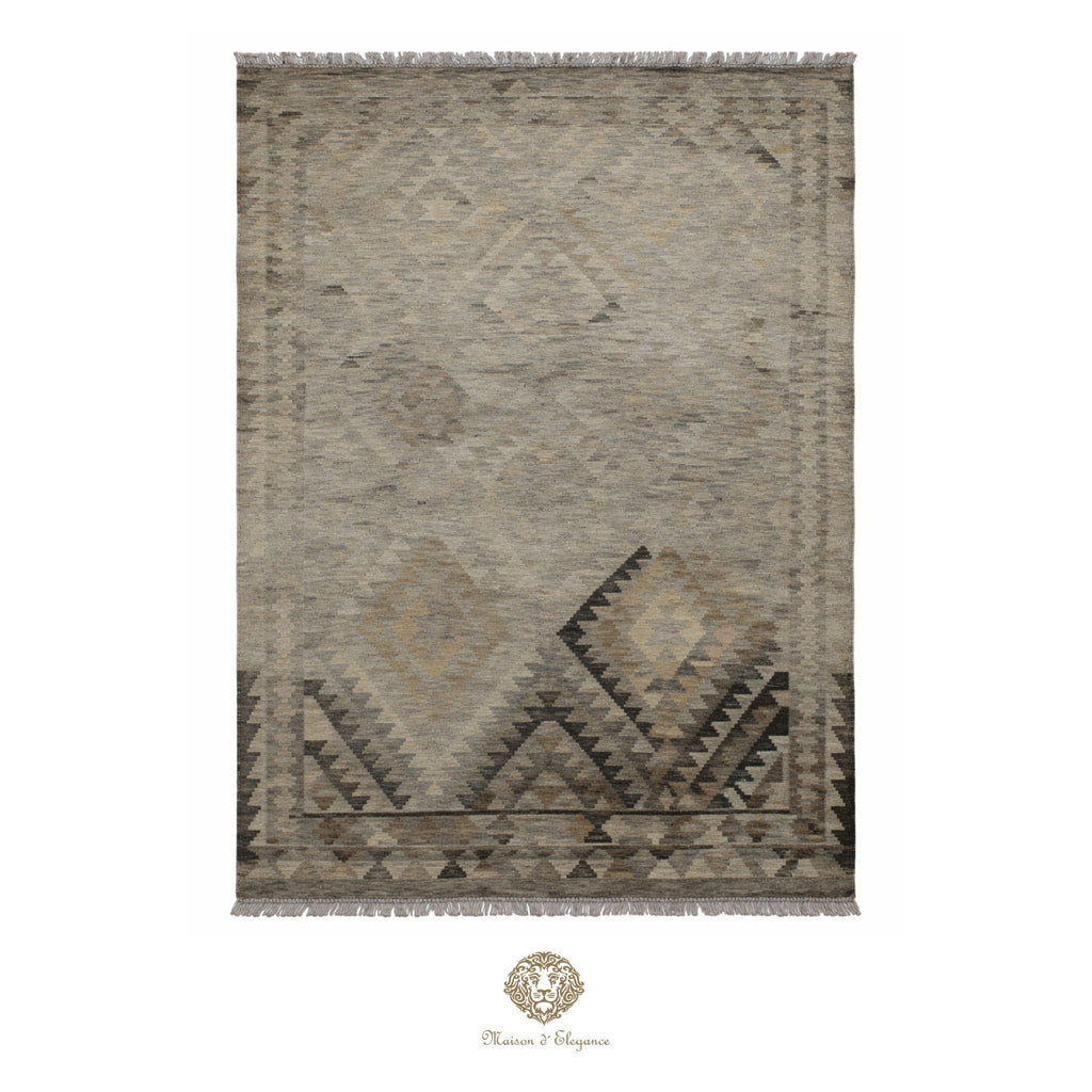 Patterned rug with geometric design on a white background