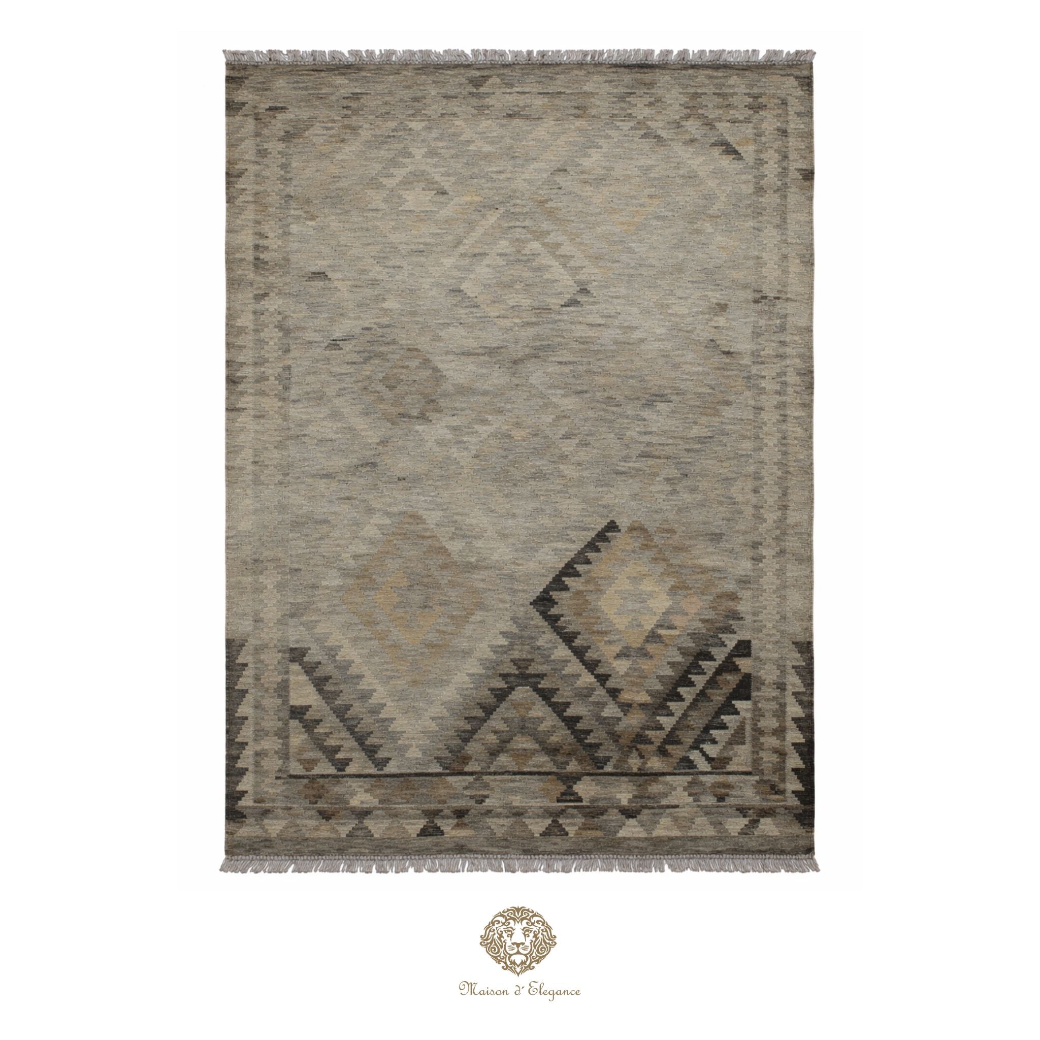 Patterned rug with geometric design on a white background