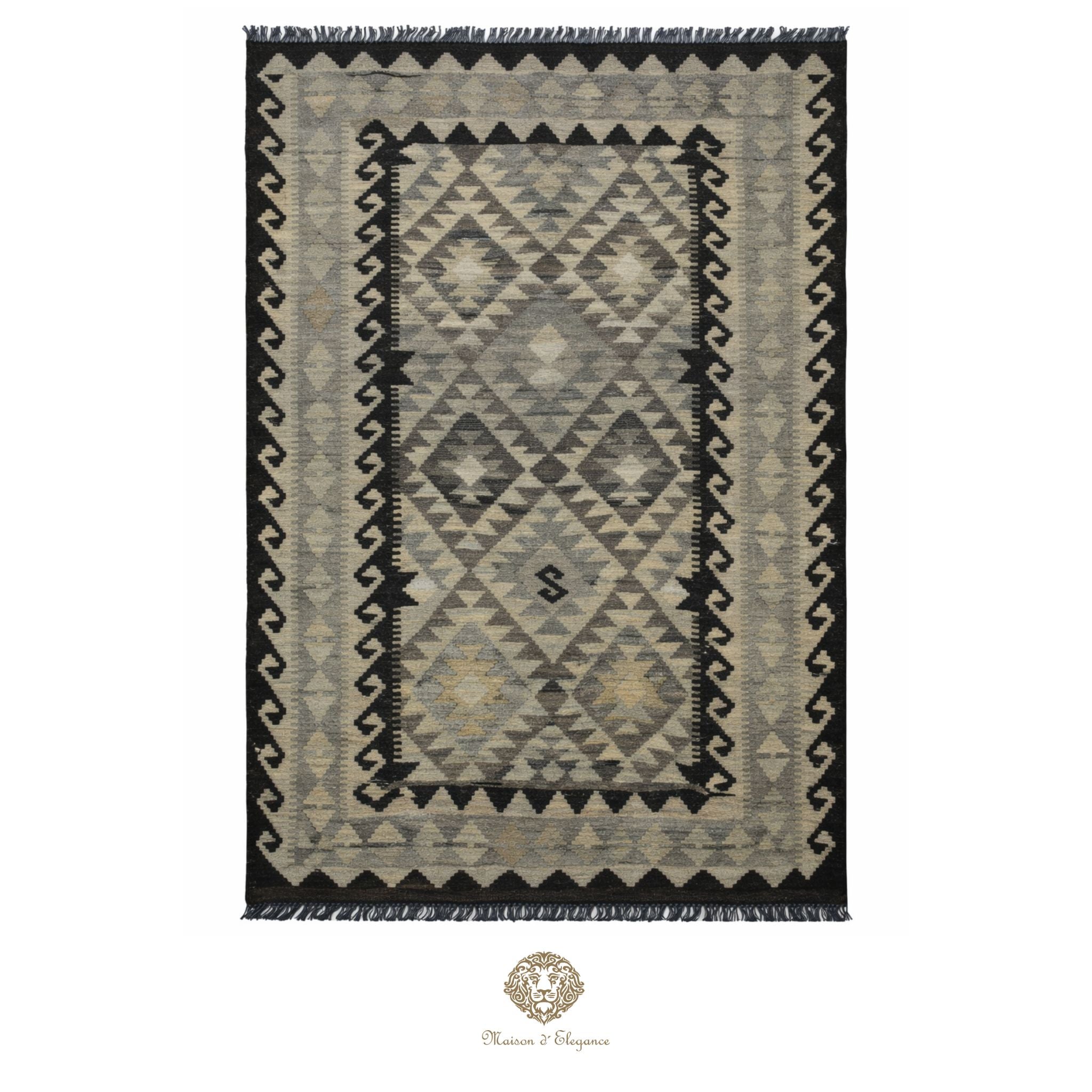 Kilim artesanal de tejido plano geométrico elaborado con lana pura y teñido naturalmente