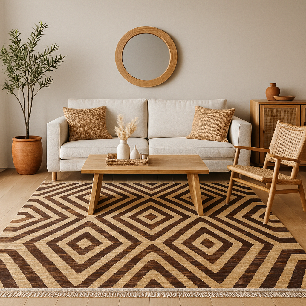 Living room with a beige sofa, wooden coffee table, and patterned rug.