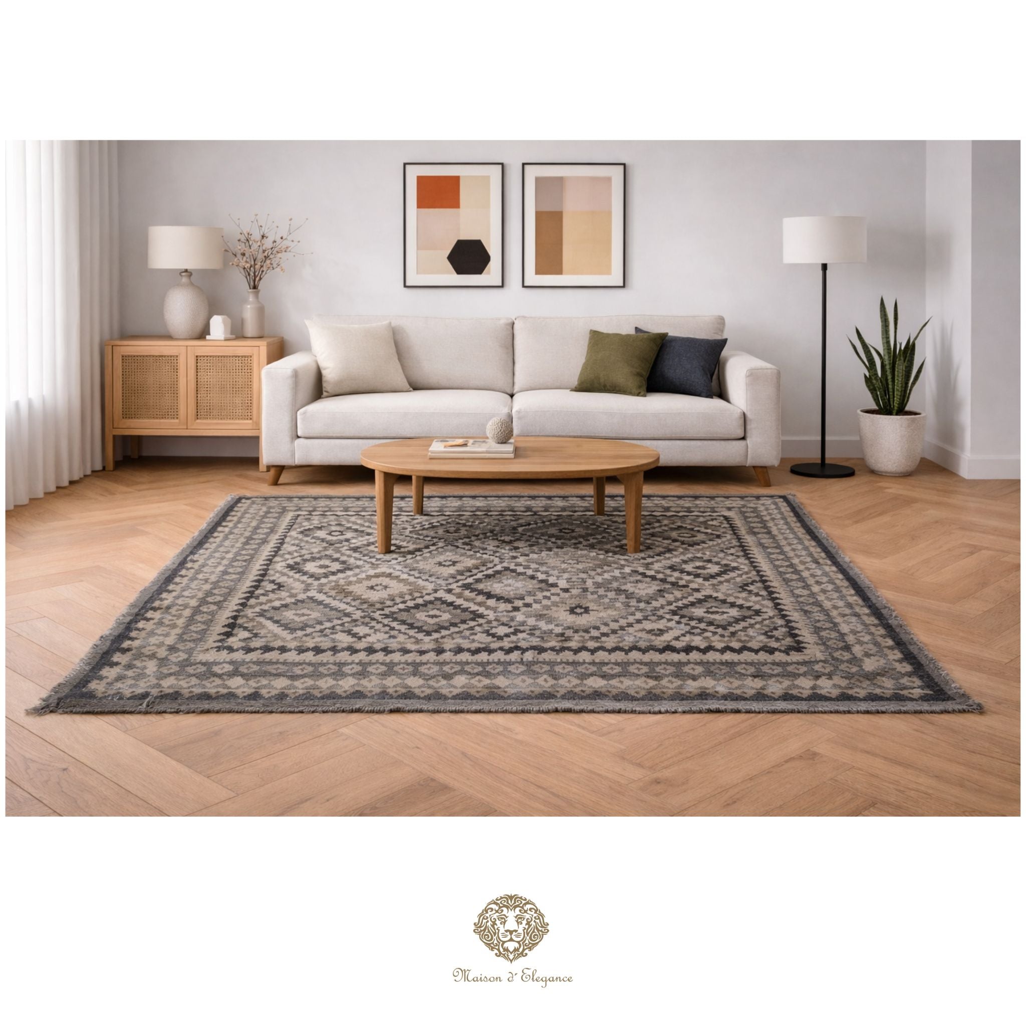 Living room with a gray patterned rug, white sofa, wooden coffee table, and decorative elements.