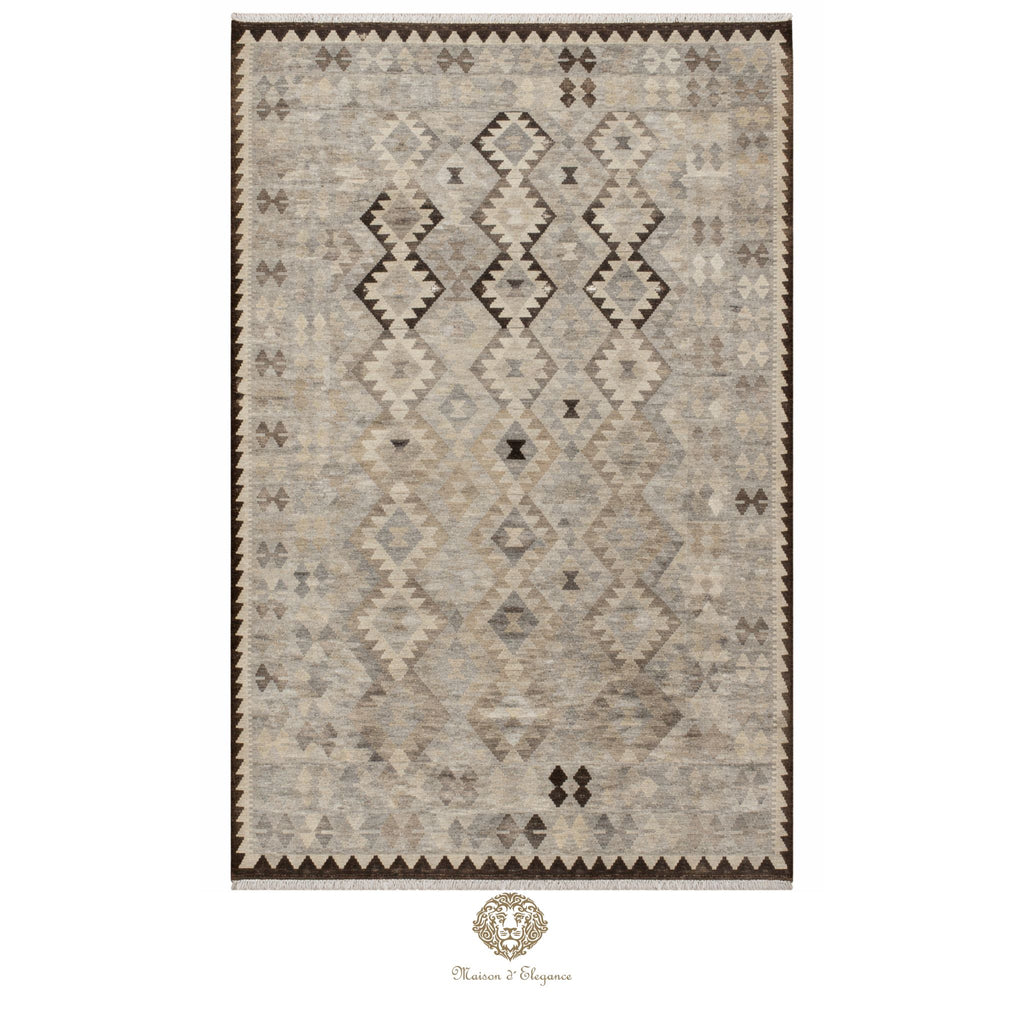 Patterned rug with geometric design on a white background