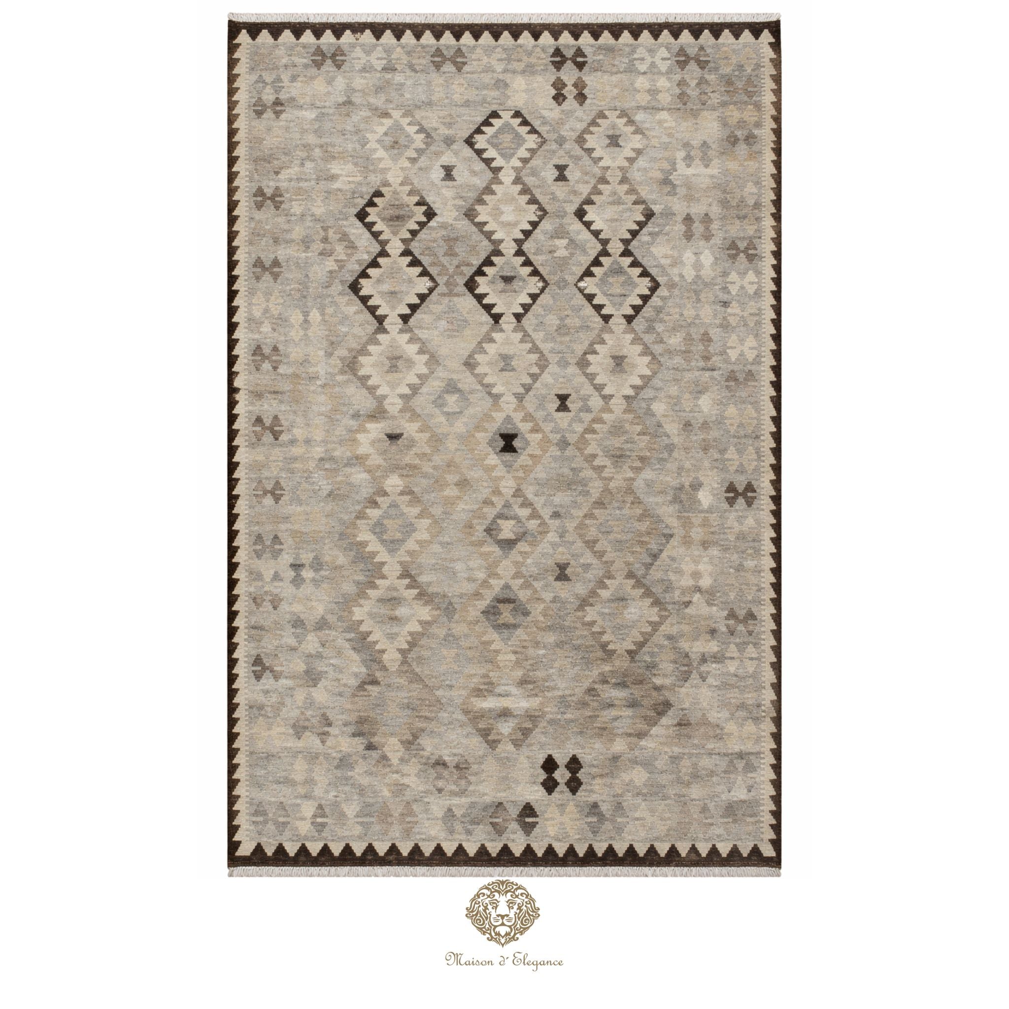 Patterned rug with geometric design on a white background