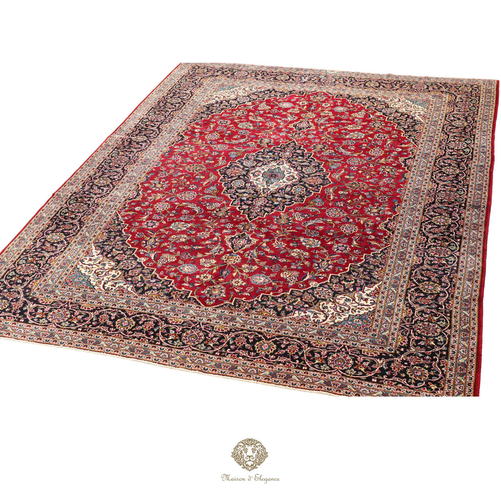 Impresionante alfombra clásica persa Kashan con diseño de medallón | Colores naturales vibrantes 300 x 395 cm