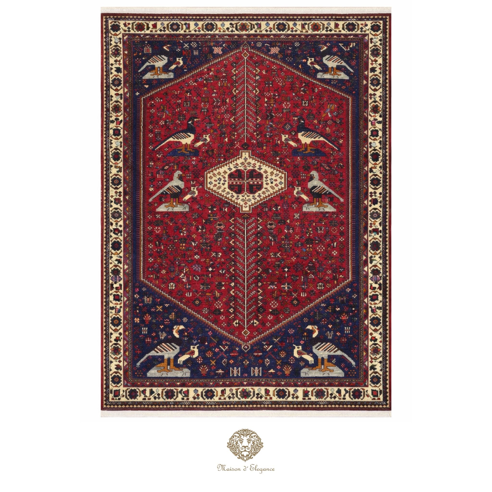 Decorative rug with intricate patterns and animal illustrations on a white background