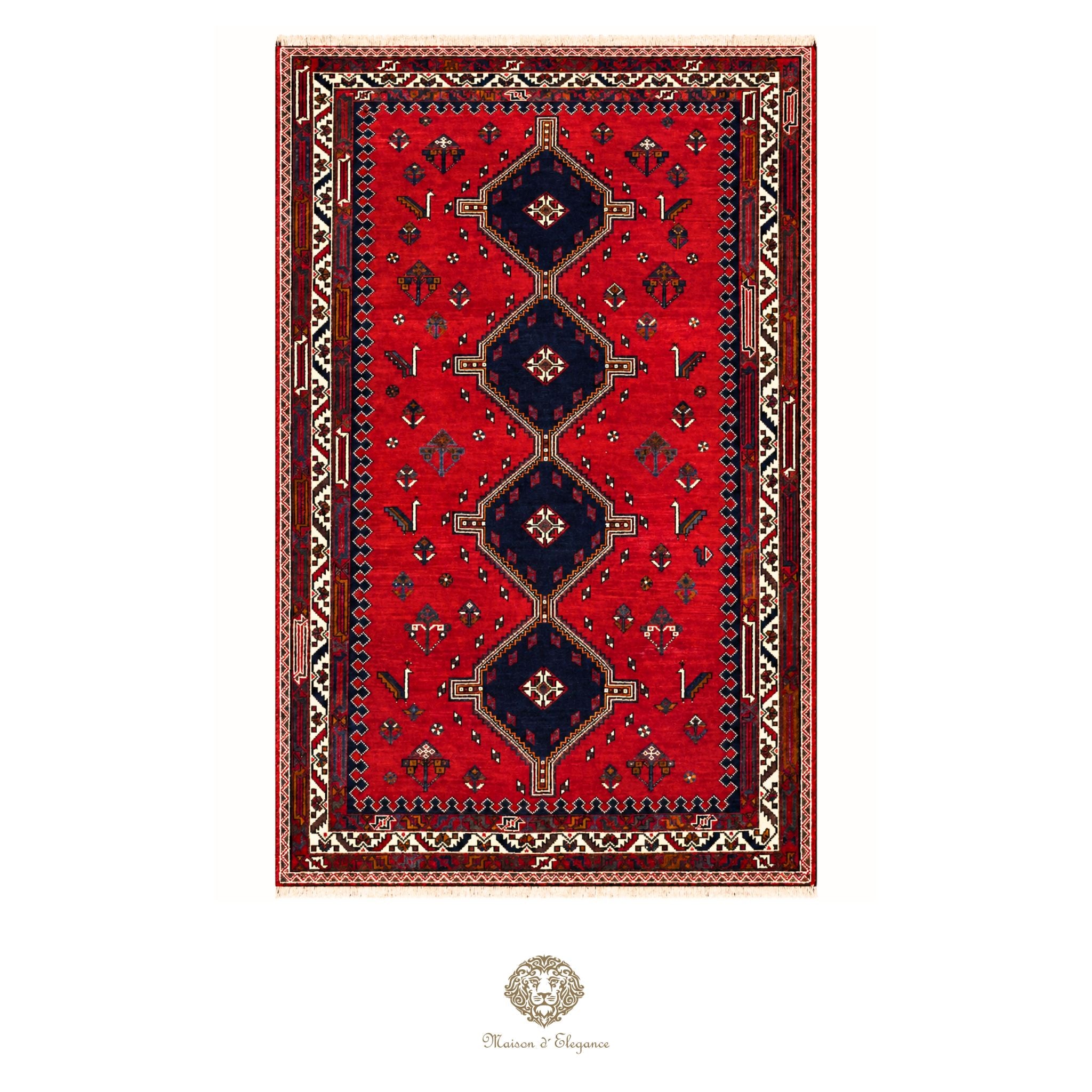 Red patterned rug with intricate designs on a red background