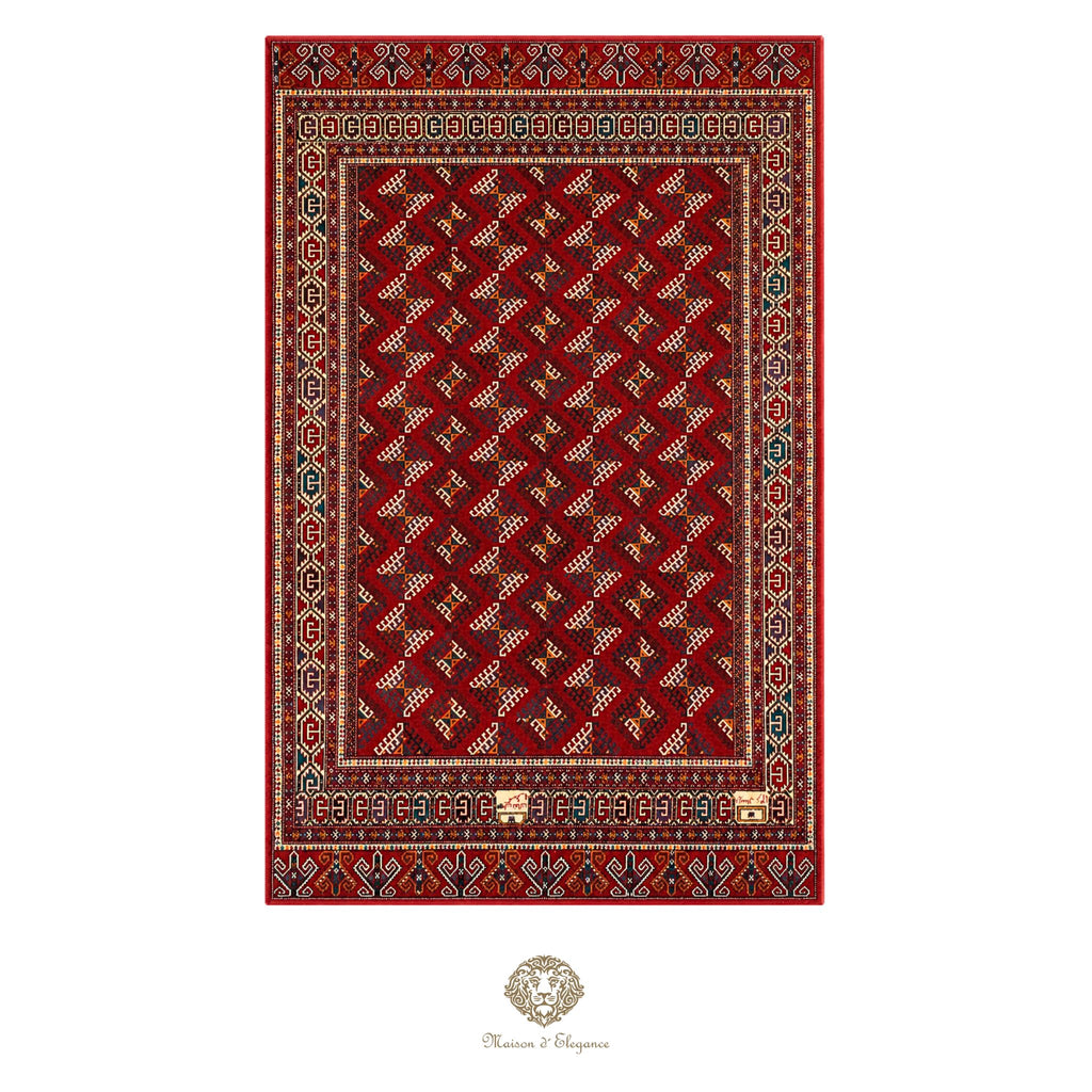 Decorative red rug with intricate patterns on a red background