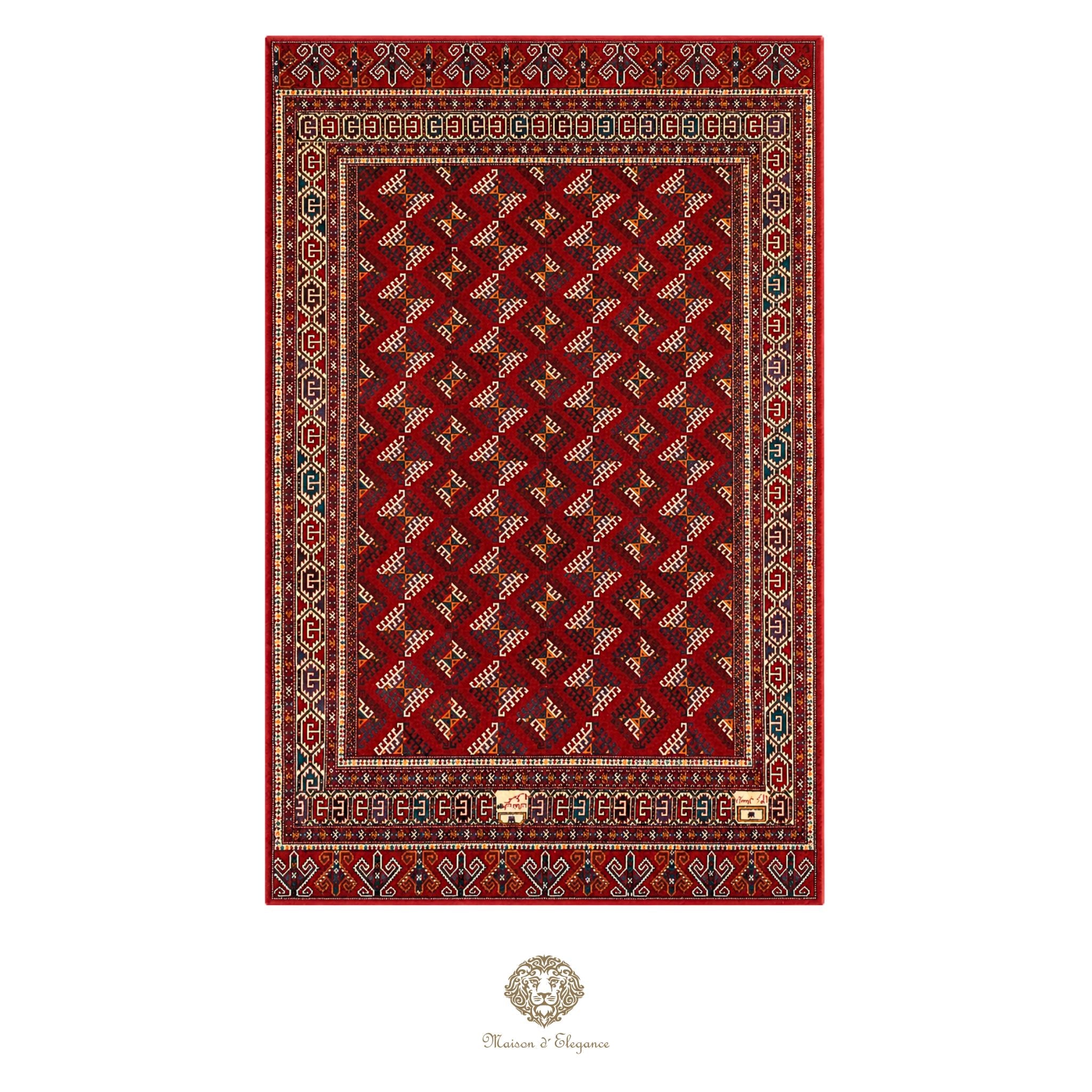 Decorative red rug with intricate patterns on a red background