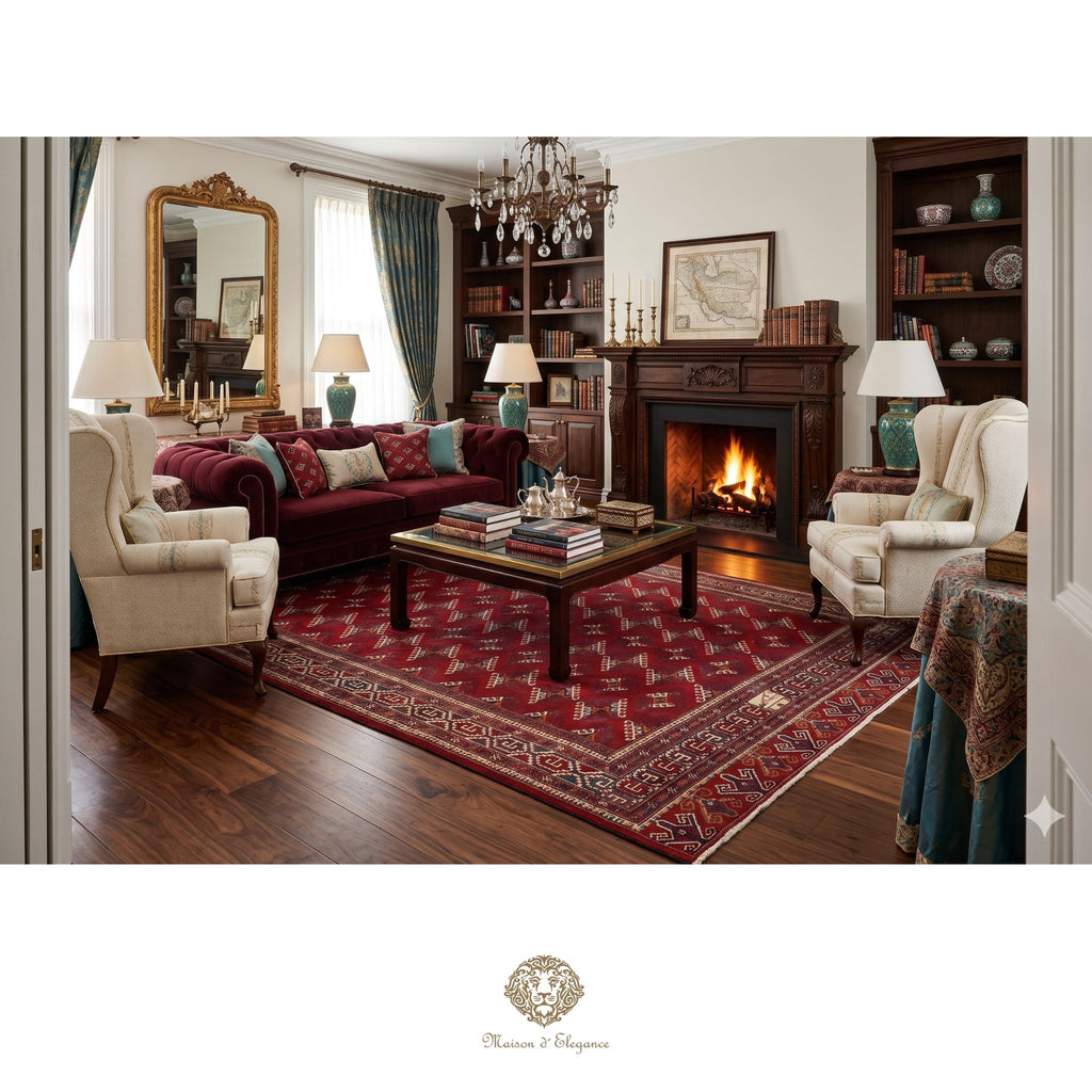Cozy living room with a fireplace, bookshelves, and decorative items.
