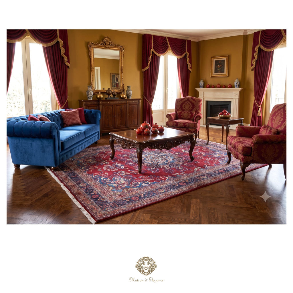 Luxurious living room with blue sofa, red armchairs, and a large mirror.
