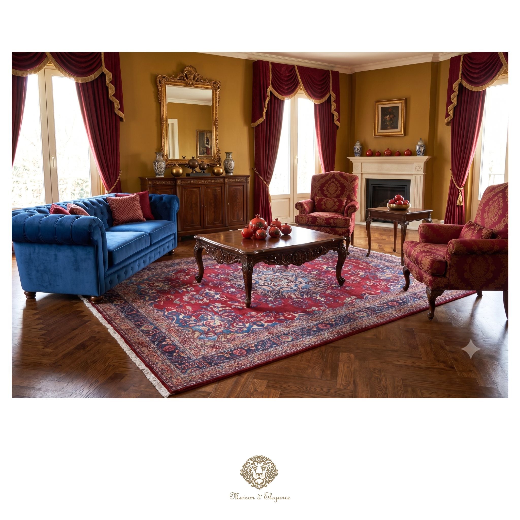 Luxurious living room with blue sofa, red armchairs, and a large mirror.