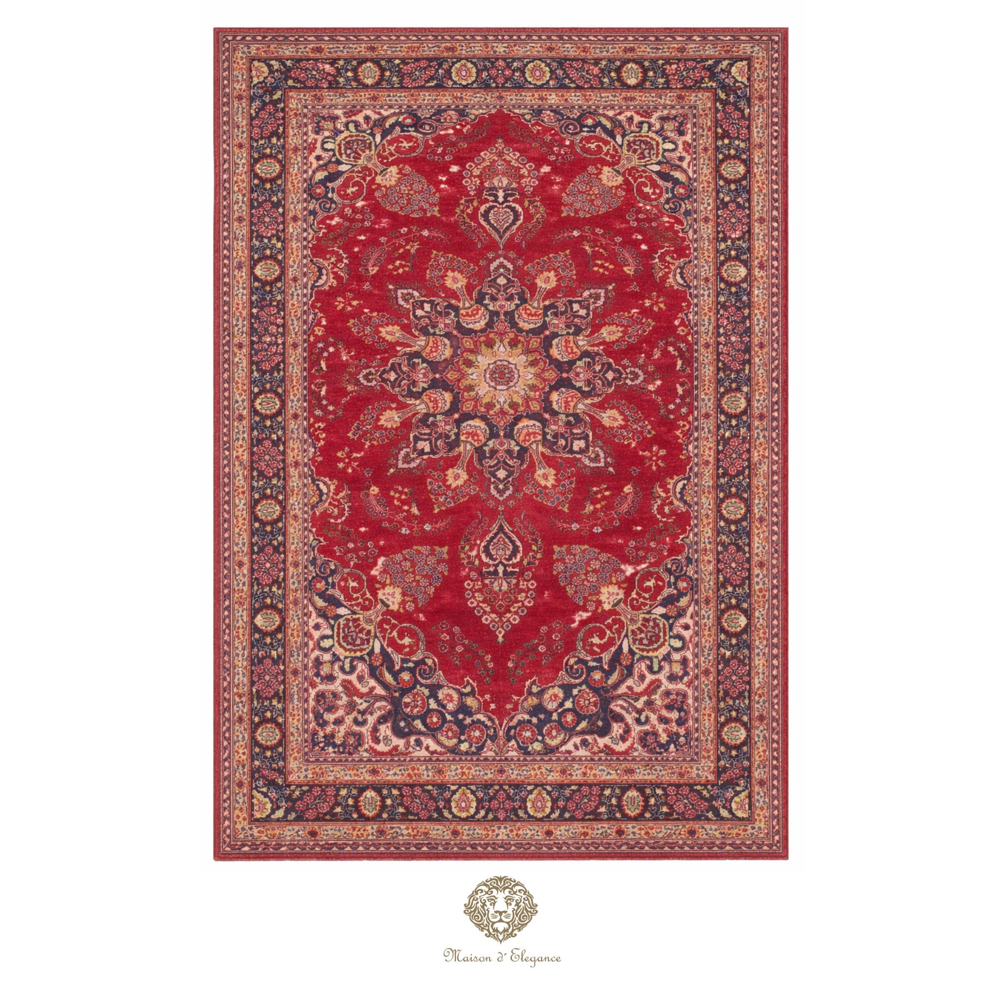 Decorative rug with intricate red and gold pattern on a white background