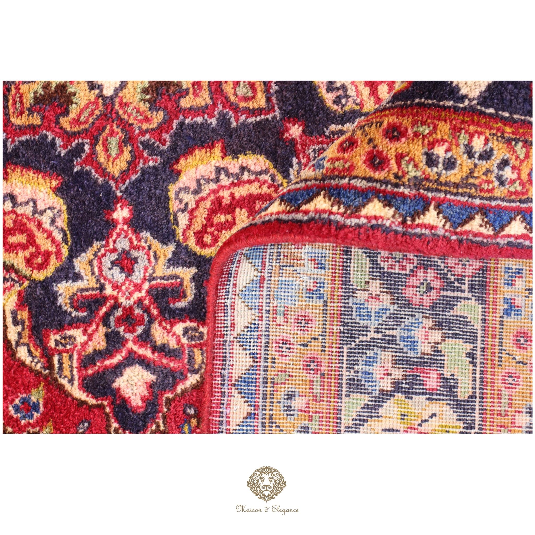 Close-up of a colorful patterned rug with intricate designs.