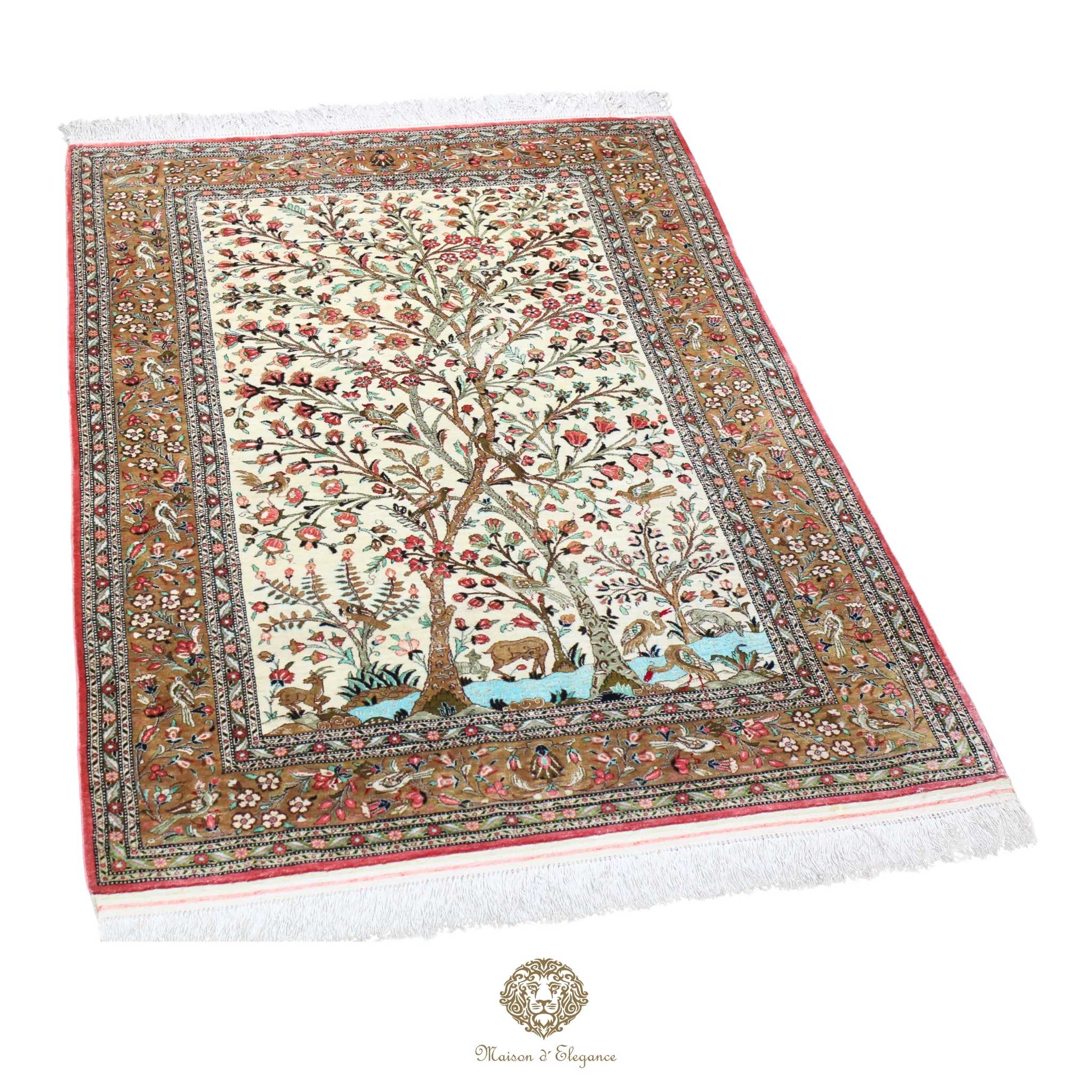 Decorative rug with tree design and intricate patterns on a white background