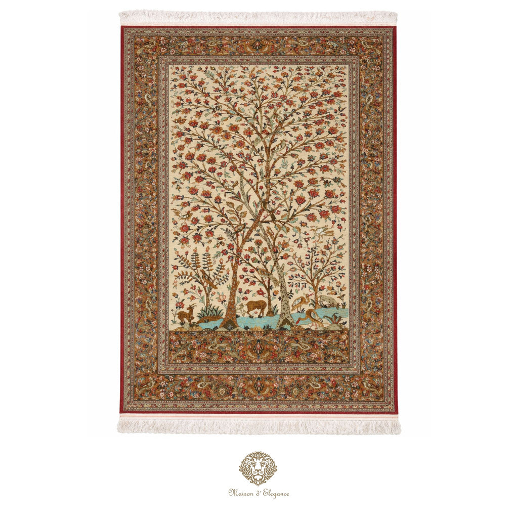 Decorative rug with tree design and fringe on a white background