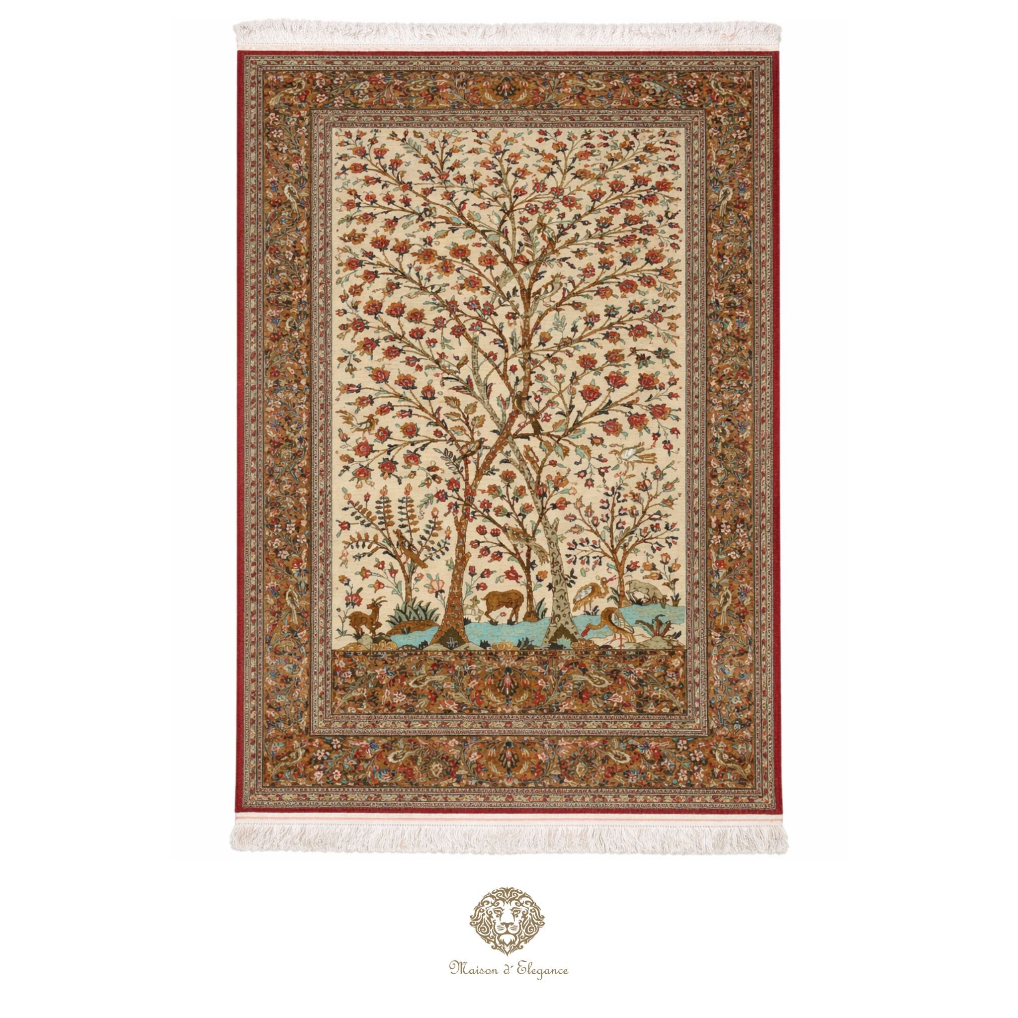 Decorative rug with tree design and fringe on a white background