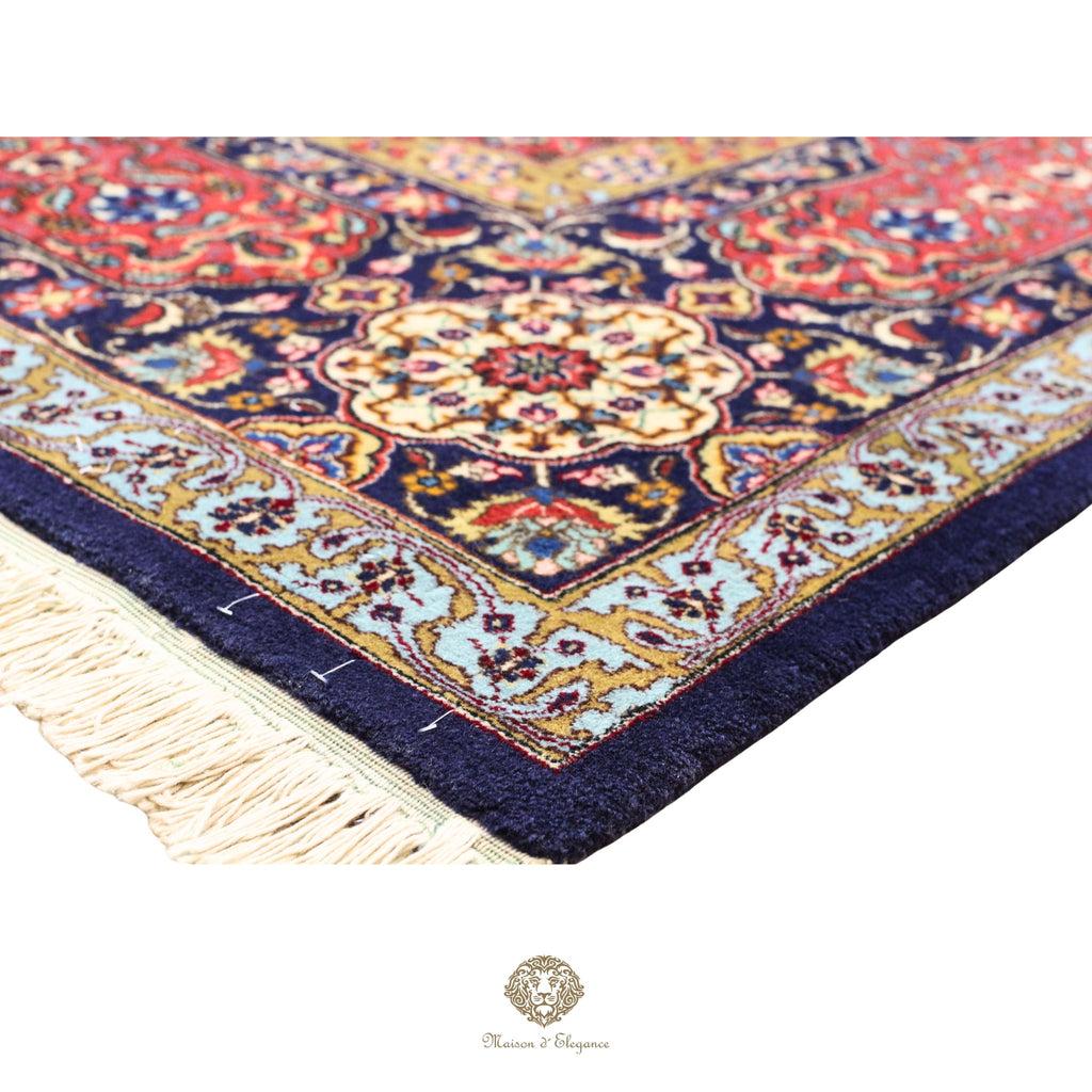 Alfombra persa de lujo Tabriz, anudada a mano, de seda y lana finas | Diseño de medallón floral azul marino, 296 x 427 cm
