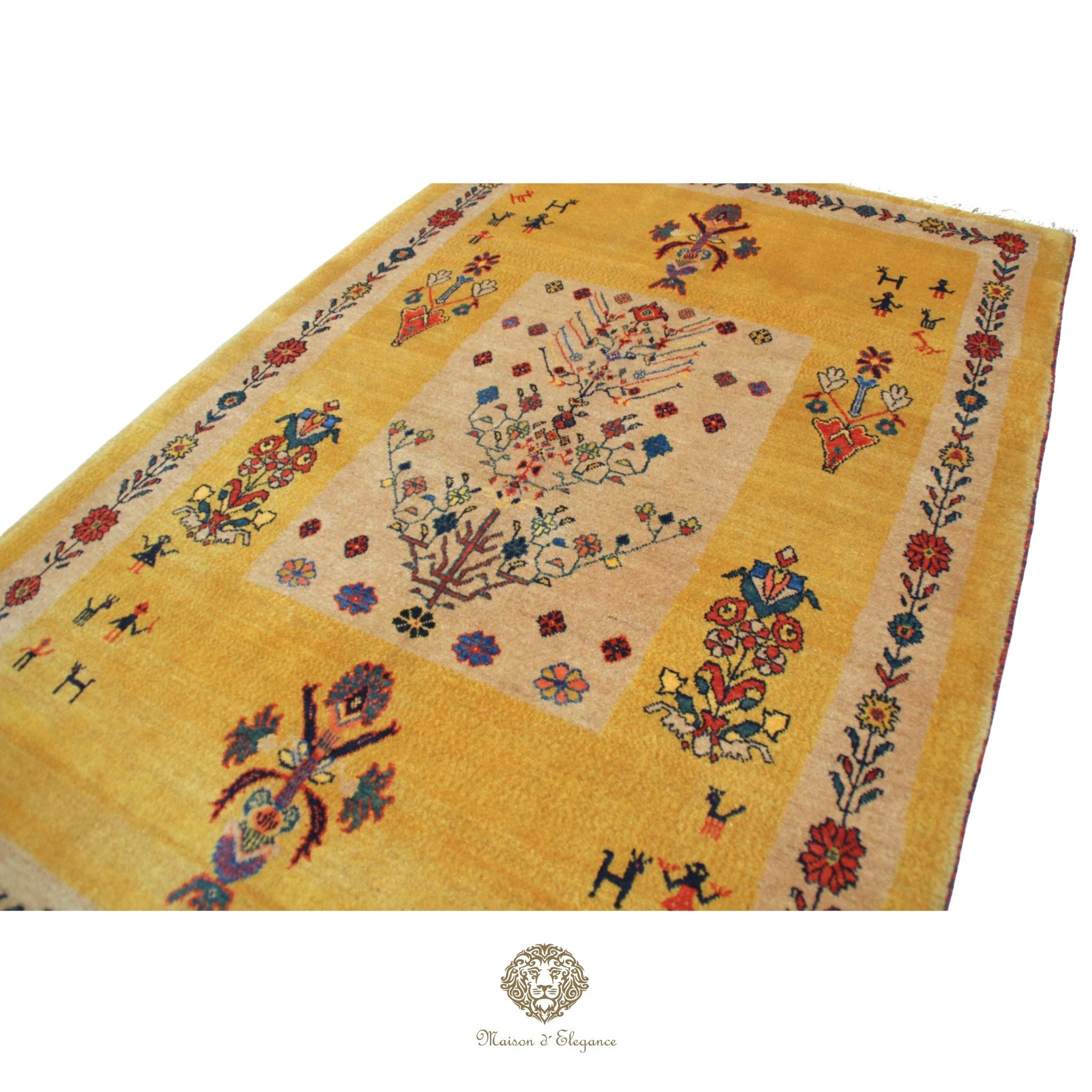 Decorative rug with floral and geometric patterns on a  gold background