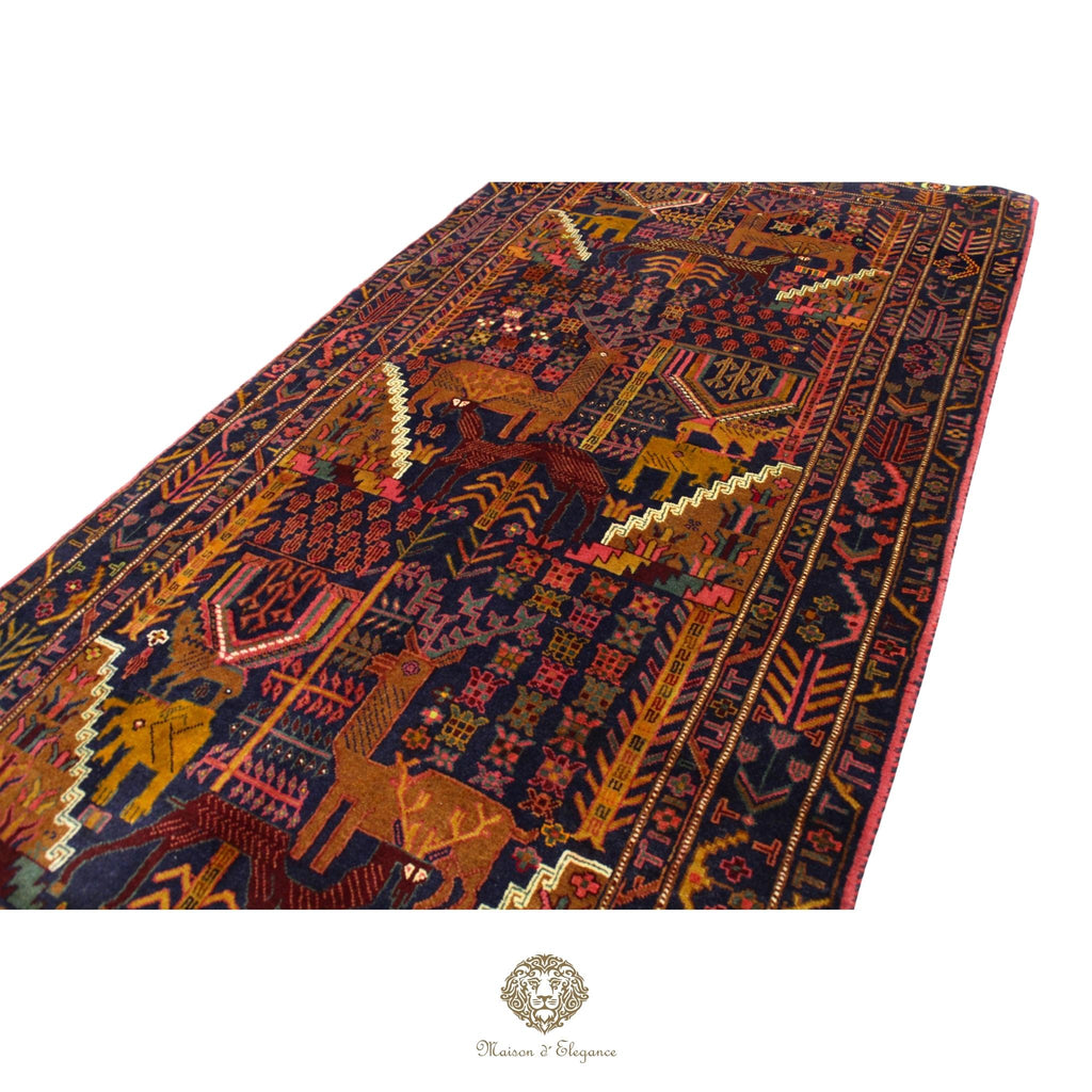 Decorative rug with intricate patterns on a navy background