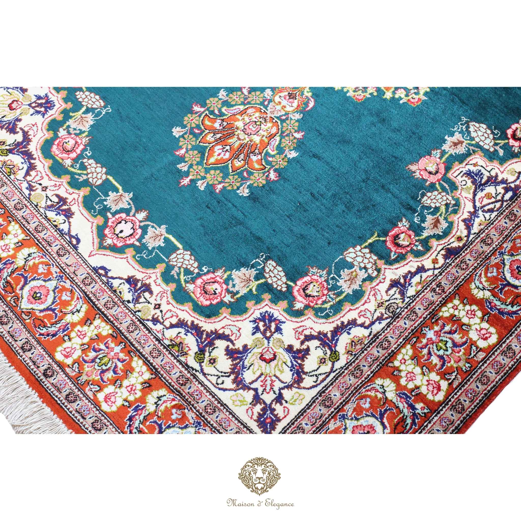 Alfombra persa exclusiva de seda pura, anudada a mano, teñida de forma natural, obra maestra de alta gama, firmada, 157 x 98 cm Turquesa