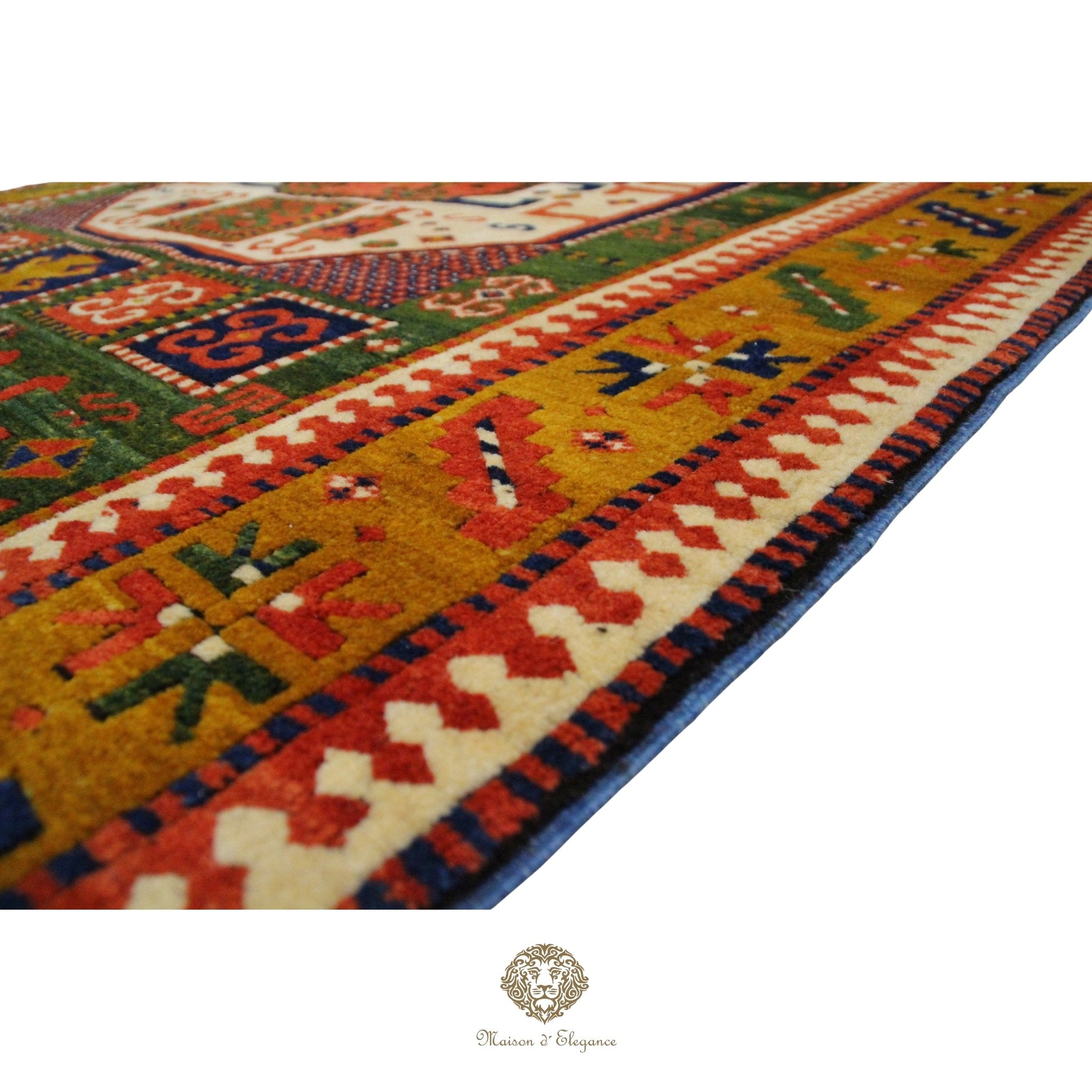 Colorful patterned rug with geometric design on a Green background