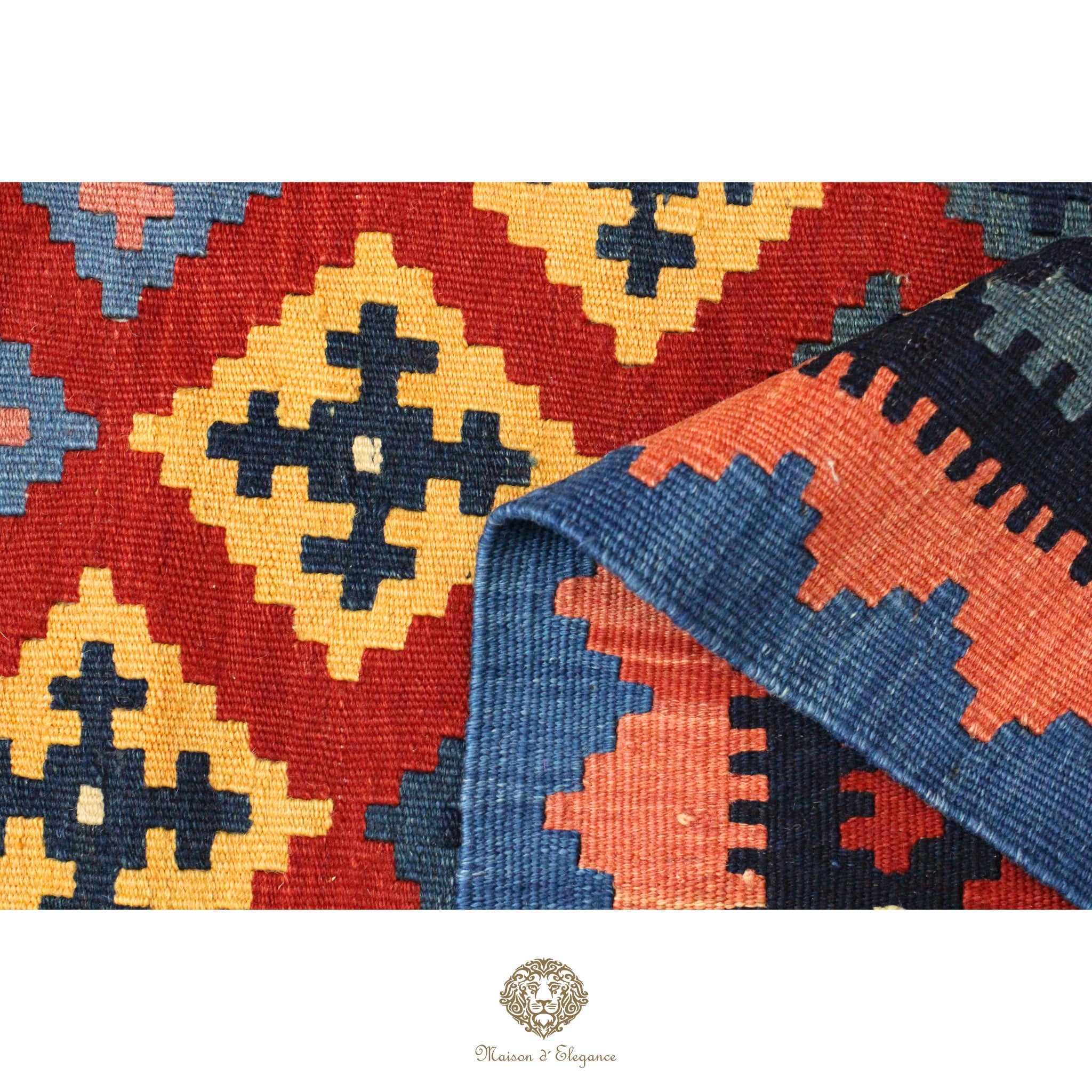 Close-up of a colorful patterned rug with geometric designs.