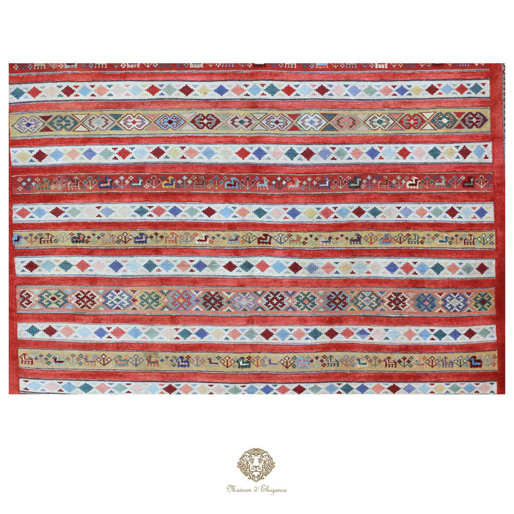 Kilim y alfombra persa Kashkuli de lana con tejido bitécnico | Relieve hecho a mano, color natural, 144 x 200 cm